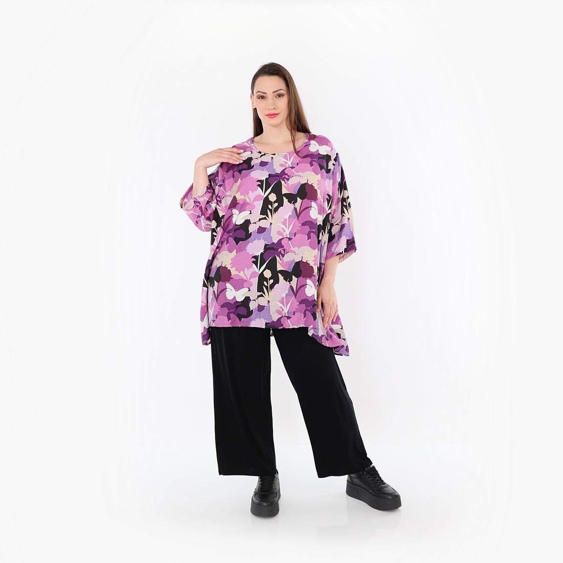  A-Form Bigshirt von AKH Fashion aus Viskose, 1506.00593, Lila/Multicolor, Blumen, Schick