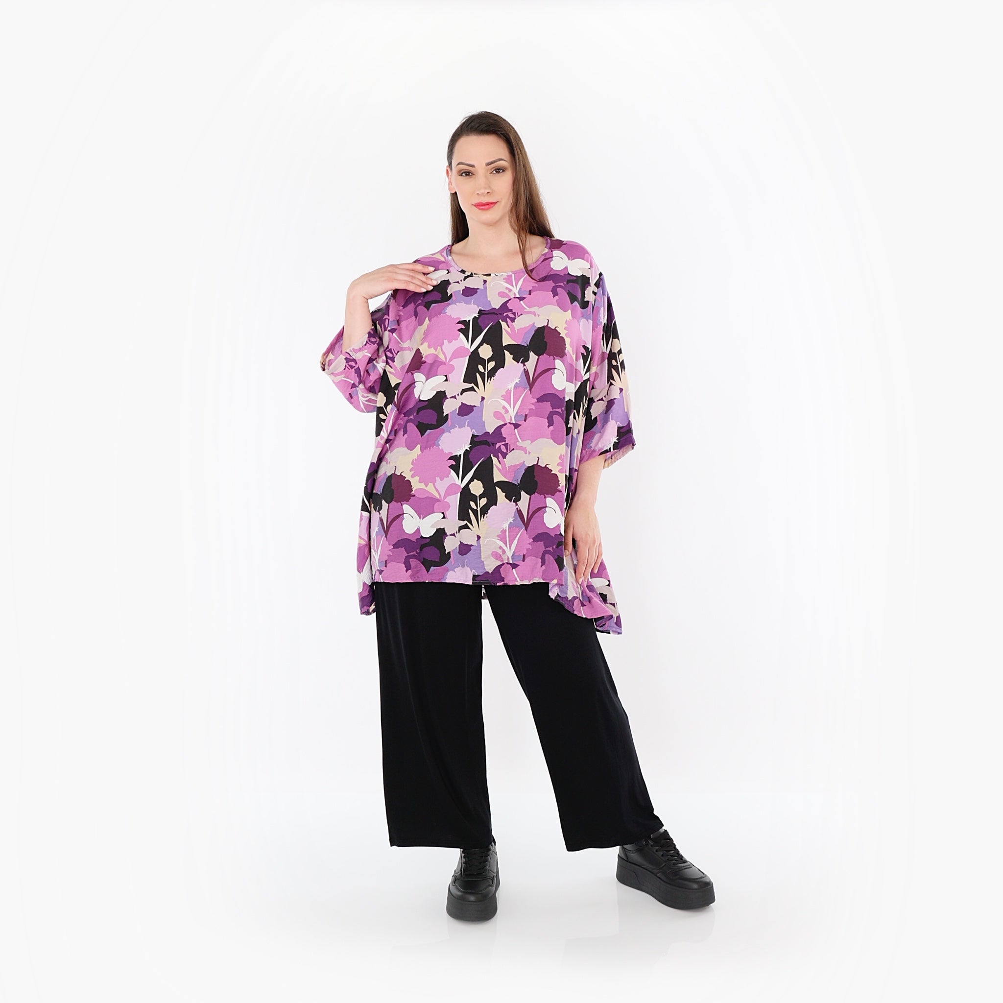  A-Form Bigshirt von AKH Fashion aus Viskose, 1506.00593, Lila/Multicolor, Blumen, Schick