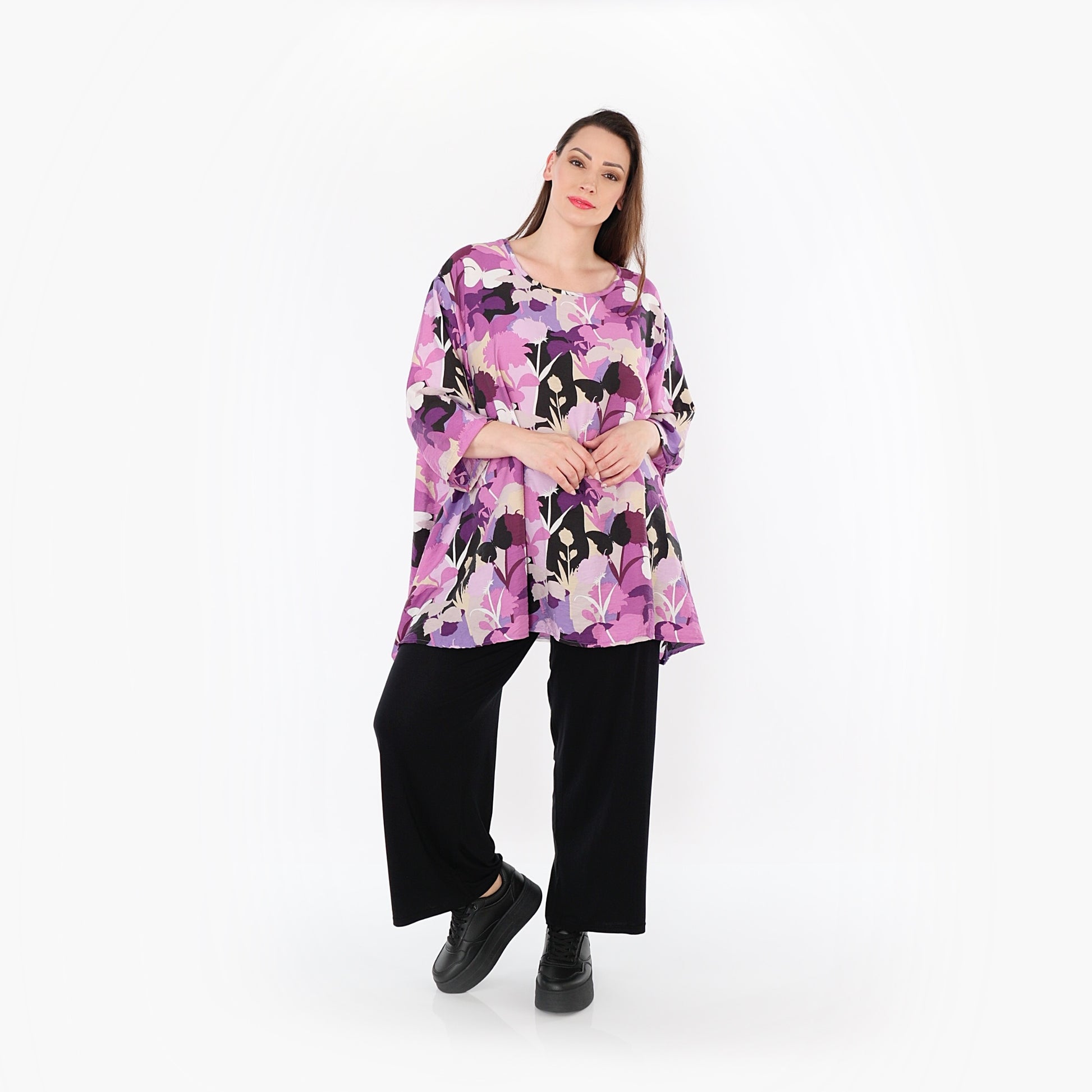  A-Form Bigshirt von AKH Fashion aus Viskose, 1506.00593, Lila/Multicolor, Blumen, Schick