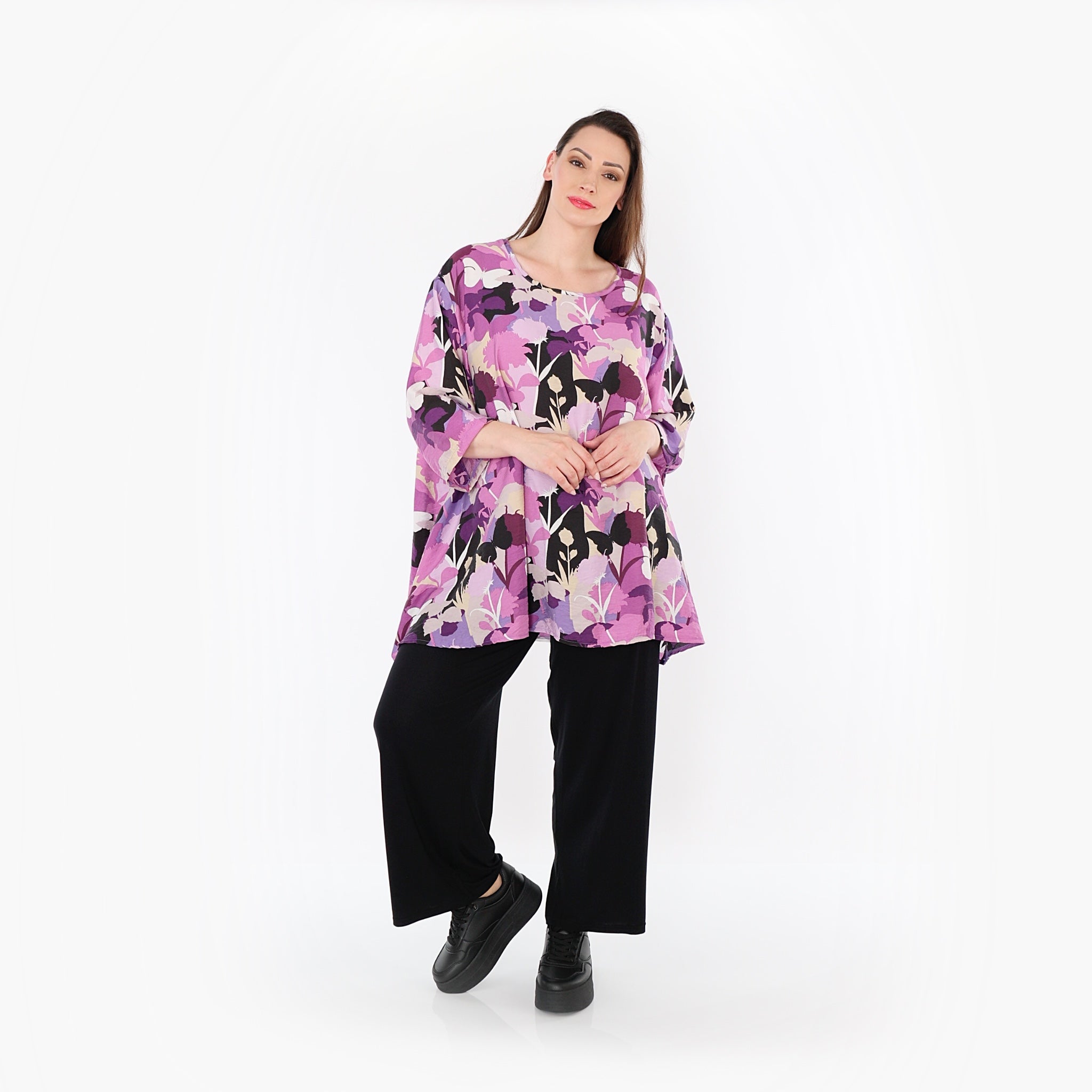  A-Form Bigshirt von AKH Fashion aus Viskose, 1506.00593, Lila/Multicolor, Blumen, Schick