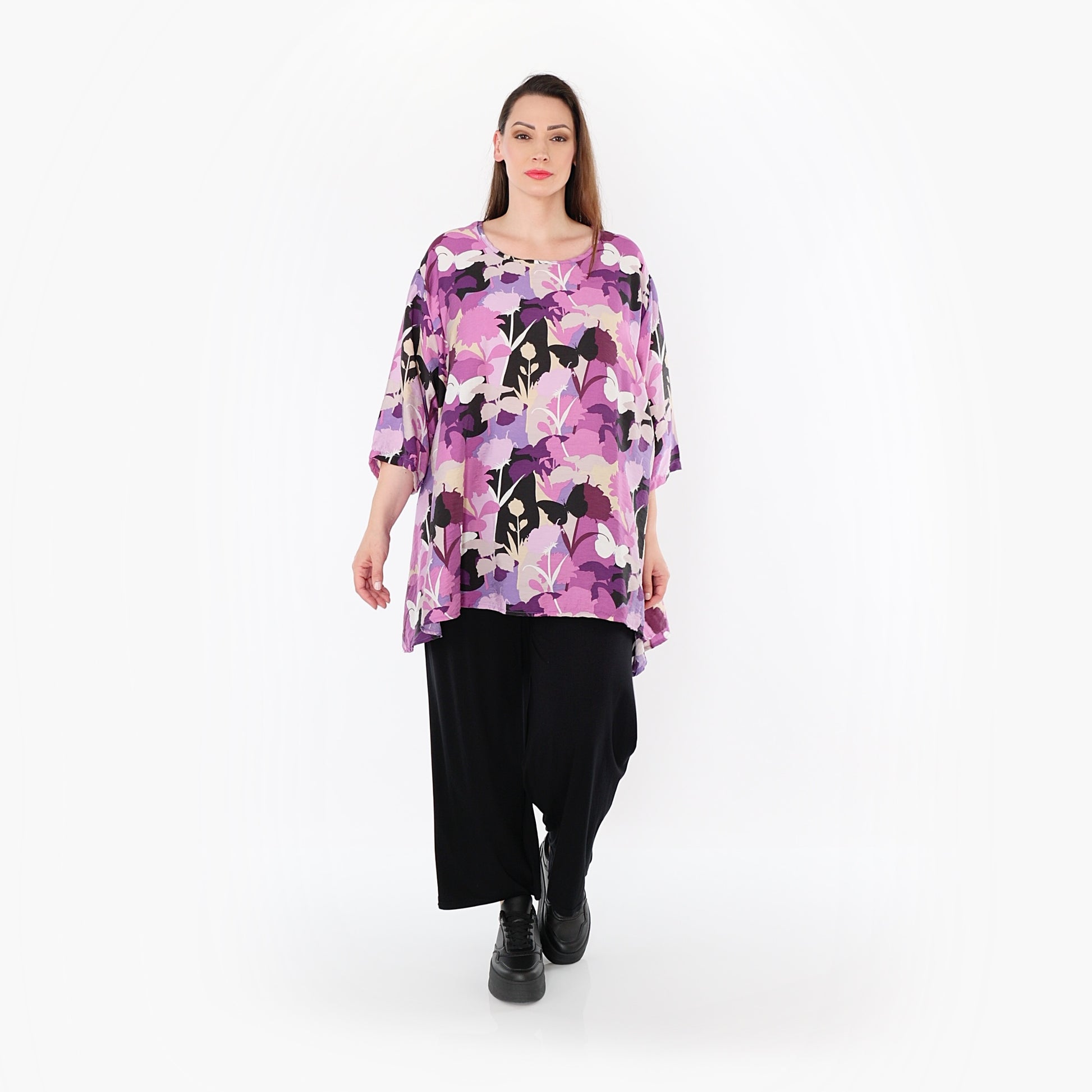  A-Form Bigshirt von AKH Fashion aus Viskose, 1506.00593, Lila/Multicolor, Blumen, Schick