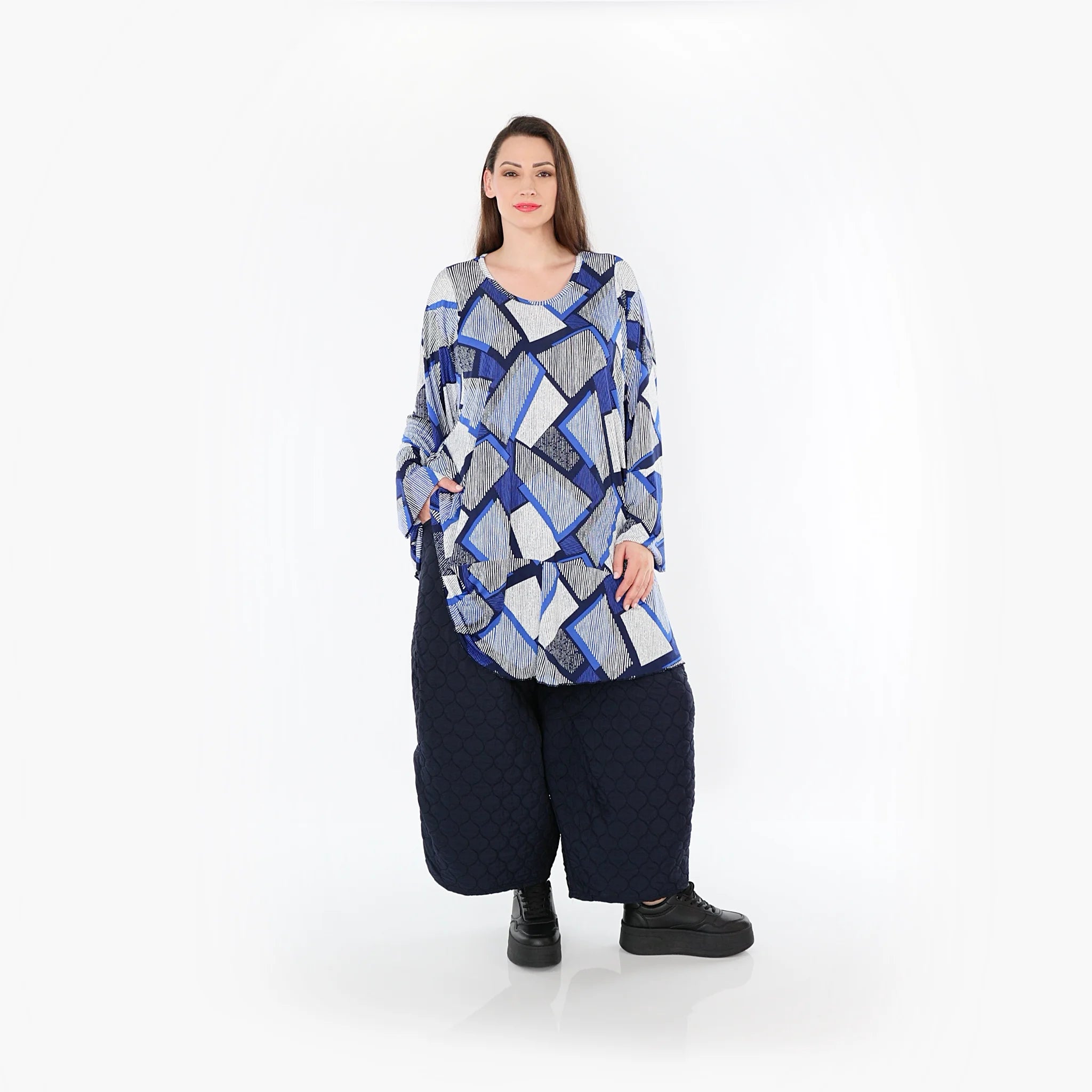  AKH Fashion Bigshirt in Glocken-Form, aus Materialmix, 1511.00592, Blau/Weiß/Marine, Schick