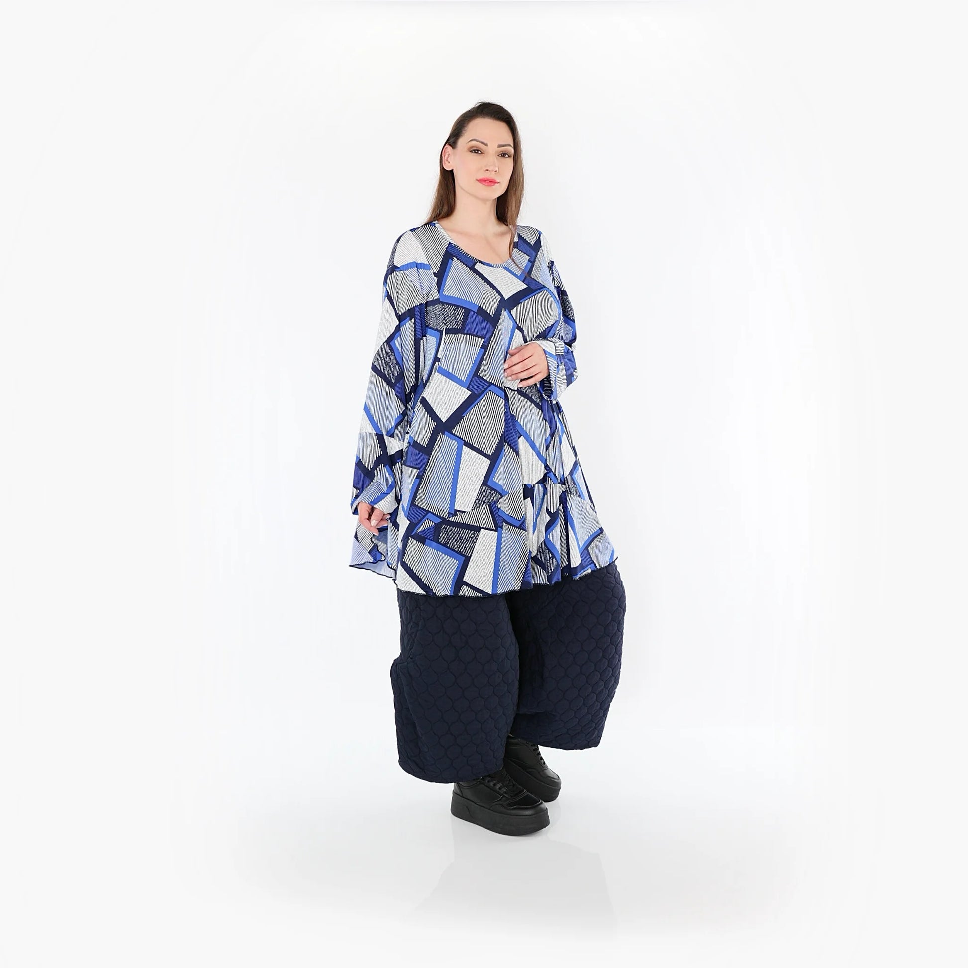  AKH Fashion Bigshirt in Glocken-Form, aus Materialmix, 1511.00592, Blau/Weiß/Marine, Schick