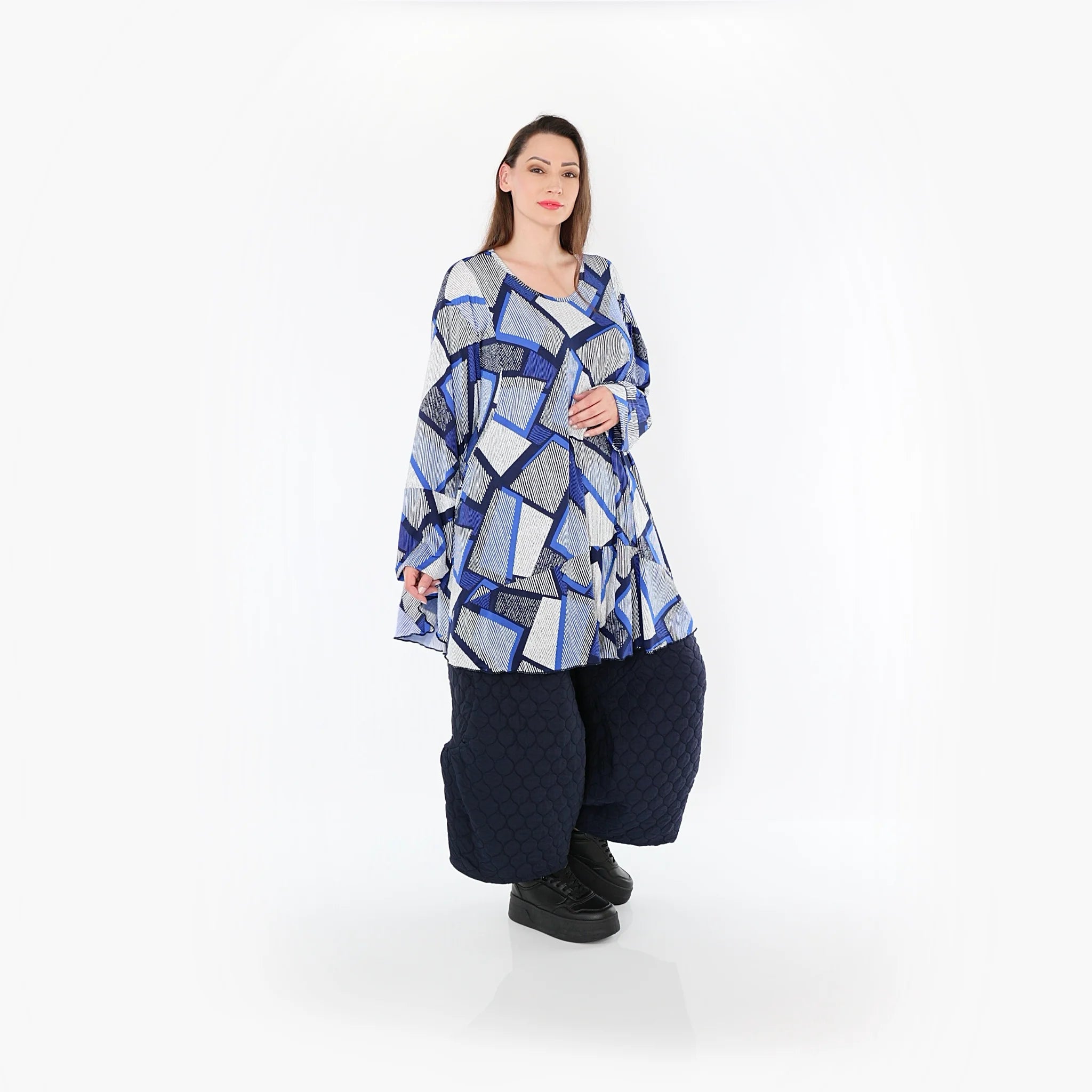  AKH Fashion Bigshirt in Glocken-Form, aus Materialmix, 1511.00592, Blau/Weiß/Marine, Schick