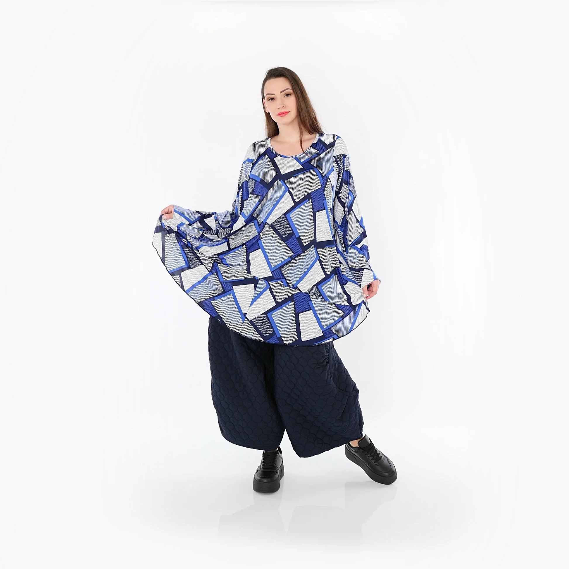  AKH Fashion Bigshirt in Glocken-Form, aus Materialmix, 1511.00592, Blau/Weiß/Marine, Schick