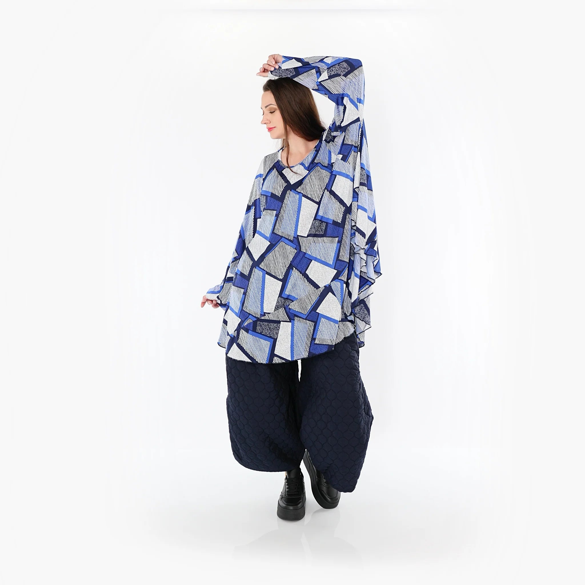  AKH Fashion Bigshirt in Glocken-Form, aus Materialmix, 1511.00592, Blau/Weiß/Marine, Schick