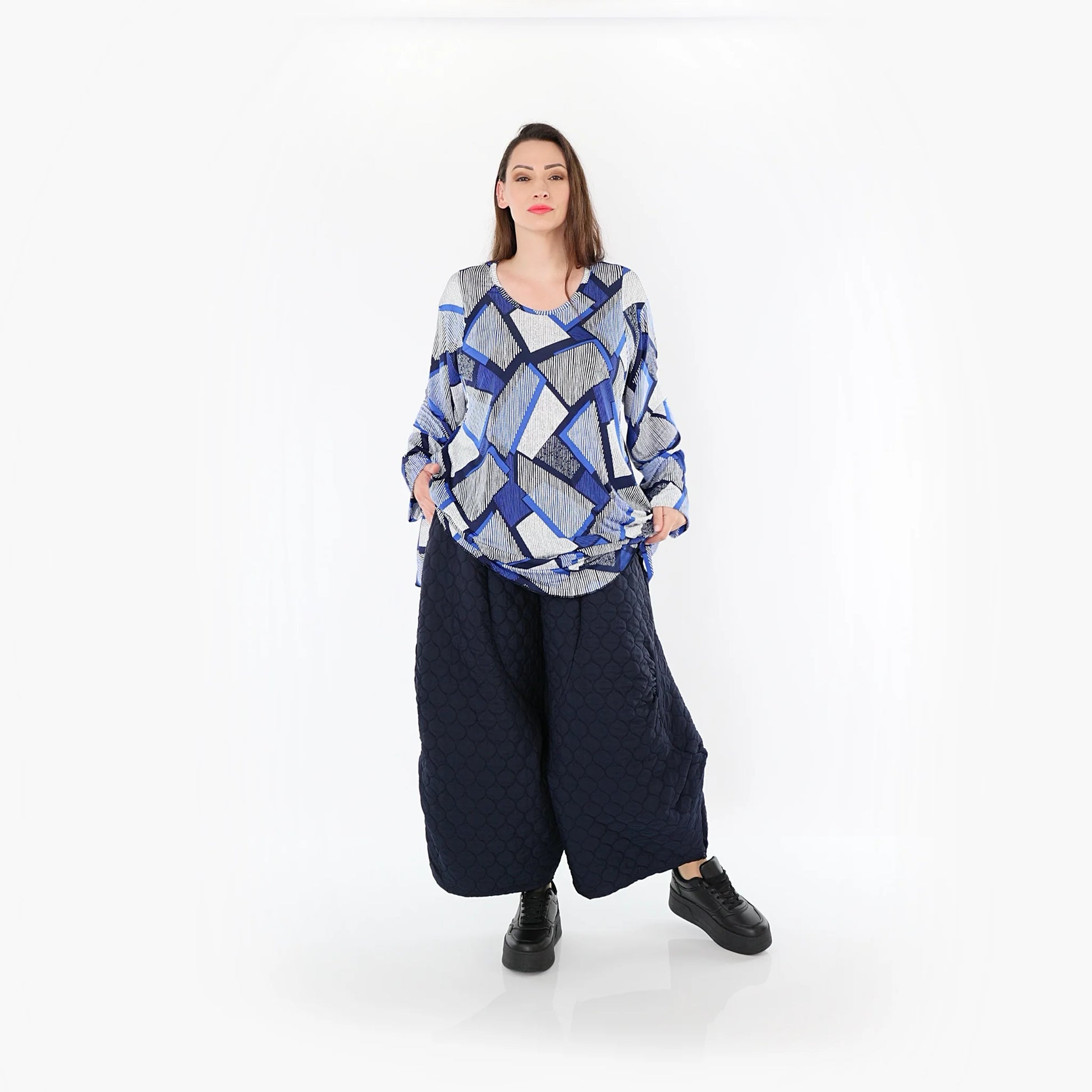  AKH Fashion Bigshirt in Glocken-Form, aus Materialmix, 1511.00592, Blau/Weiß/Marine, Schick