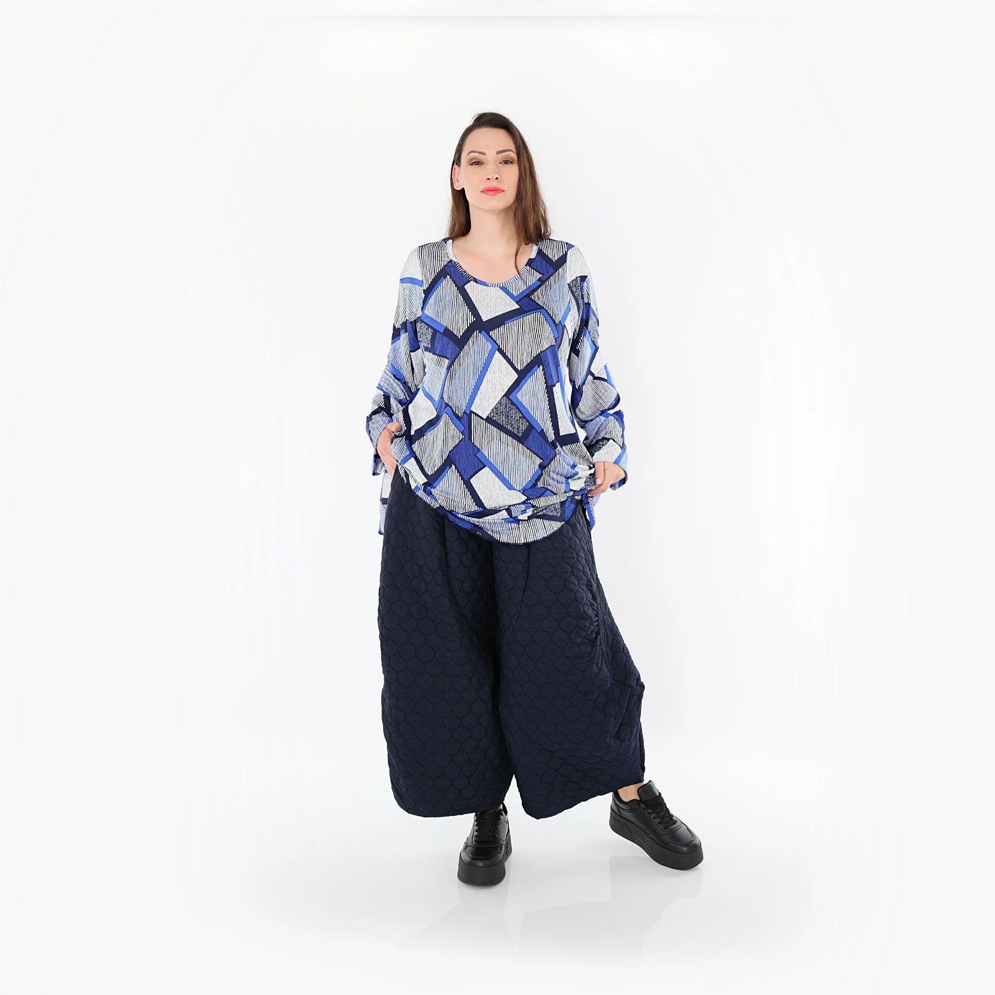  AKH Fashion Bigshirt in Glocken-Form, aus Materialmix, 1511.00592, Blau/Weiß/Marine, Schick