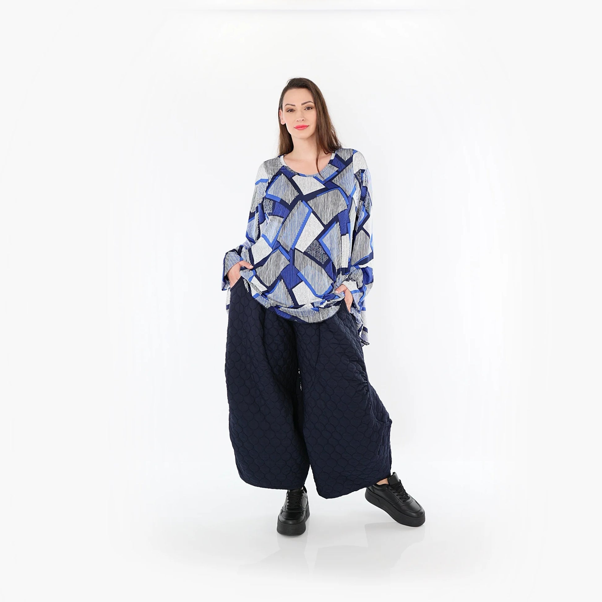  AKH Fashion Bigshirt in Glocken-Form, aus Materialmix, 1511.00592, Blau/Weiß/Marine, Schick