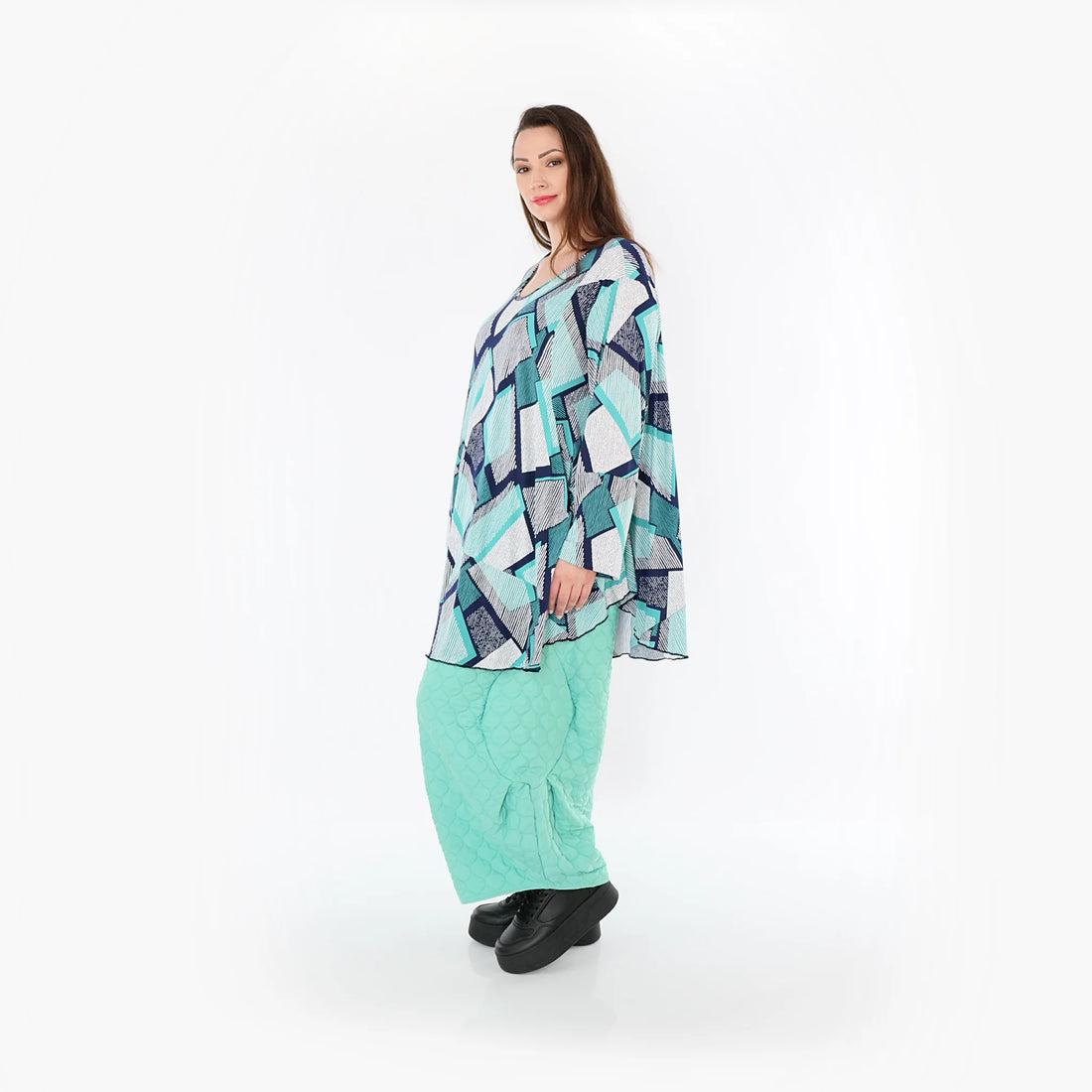  AKH Fashion Bigshirt in Glocken-Form, aus Materialmix, 1511.00592, Grün/Weiß/Marine, Schick