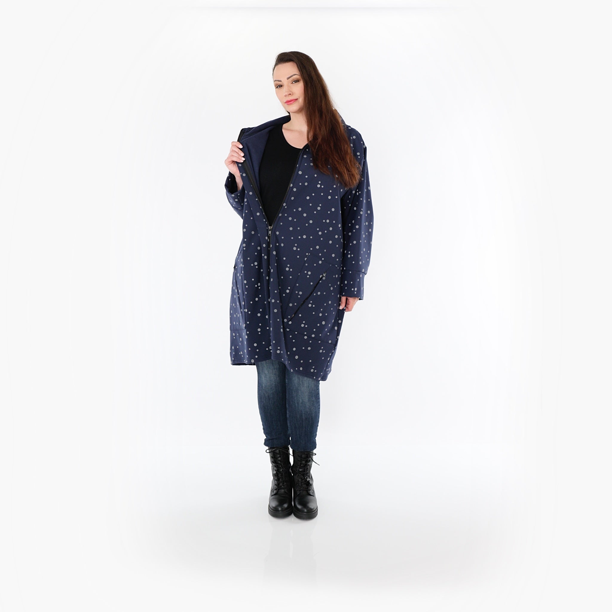  AKH Fashion Mantel in gerader Form, aus Polyester, 1512.07035, Marine/Grau, Punkte, Schick