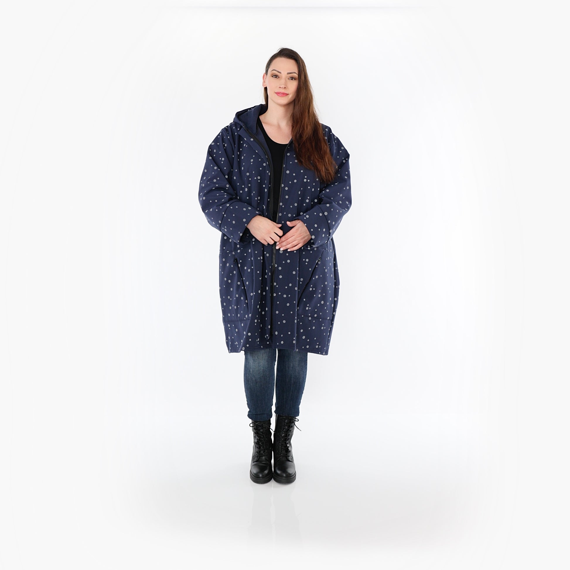  AKH Fashion Mantel in gerader Form, aus Polyester, 1512.07035, Marine/Grau, Punkte, Schick