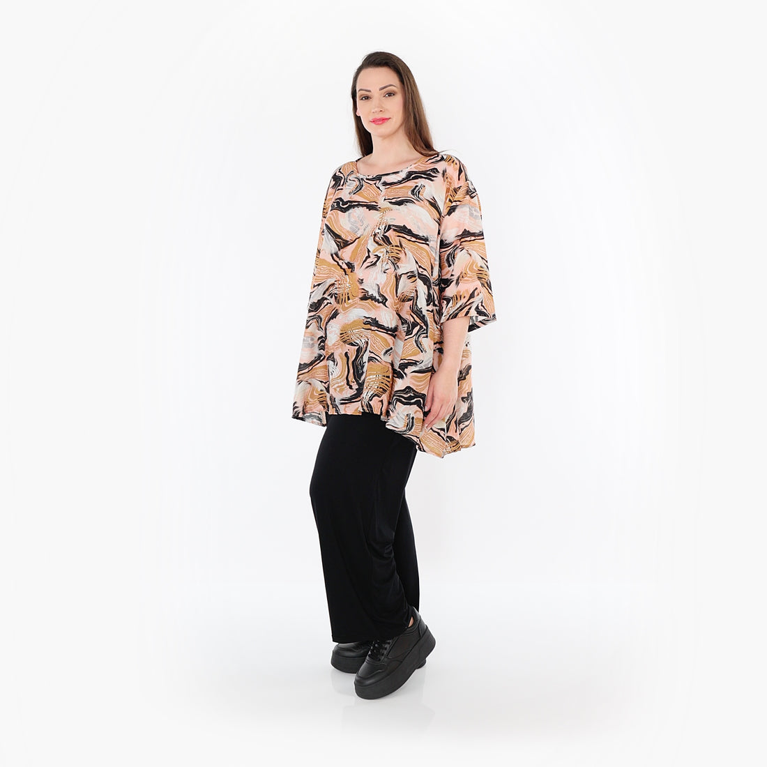  A-Form Bigshirt von AKH Fashion aus Rayon, 1510.00593, Cognac/Rosa/Schwarz, Wellen, Schick