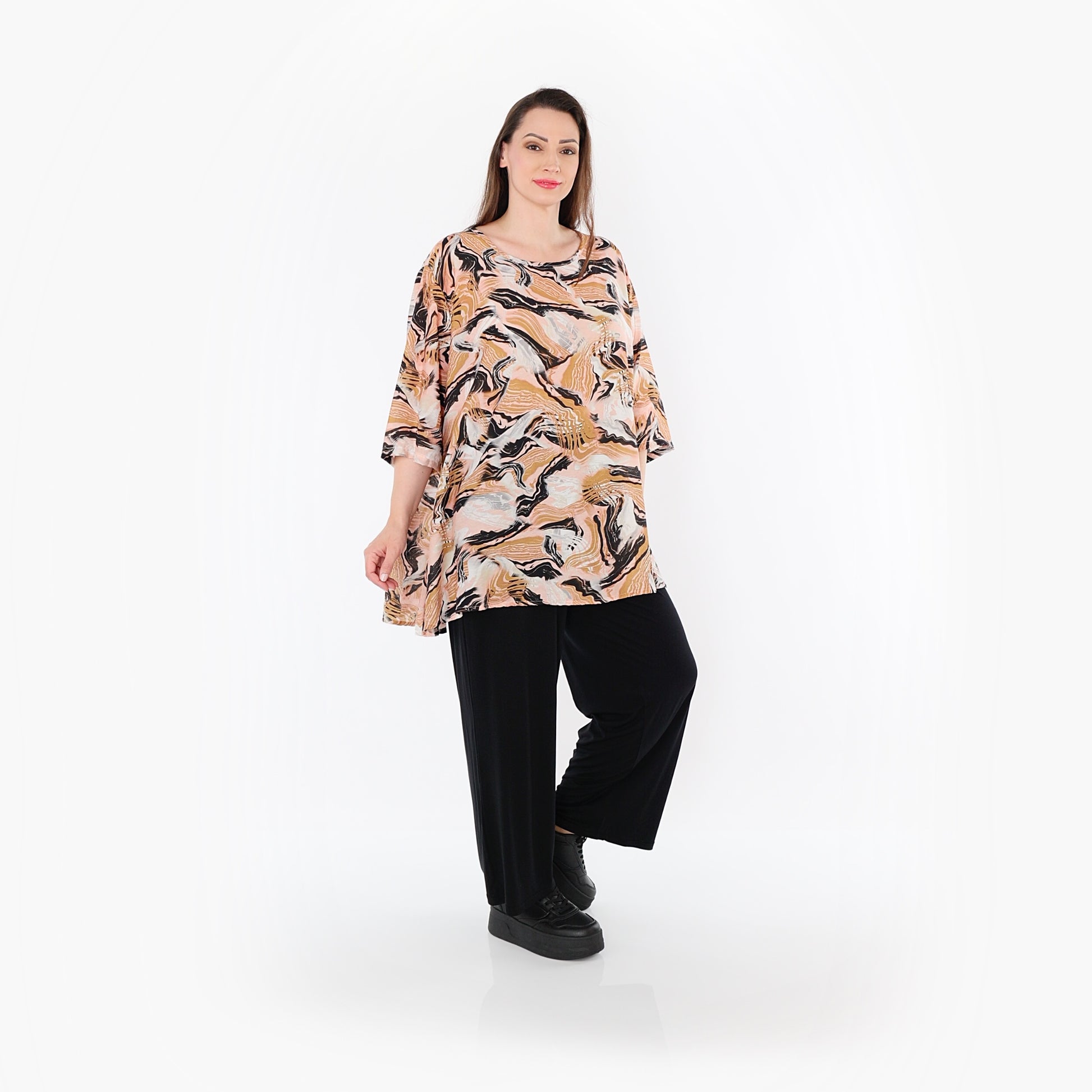  A-Form Bigshirt von AKH Fashion aus Rayon, 1510.00593, Cognac/Rosa/Schwarz, Wellen, Schick