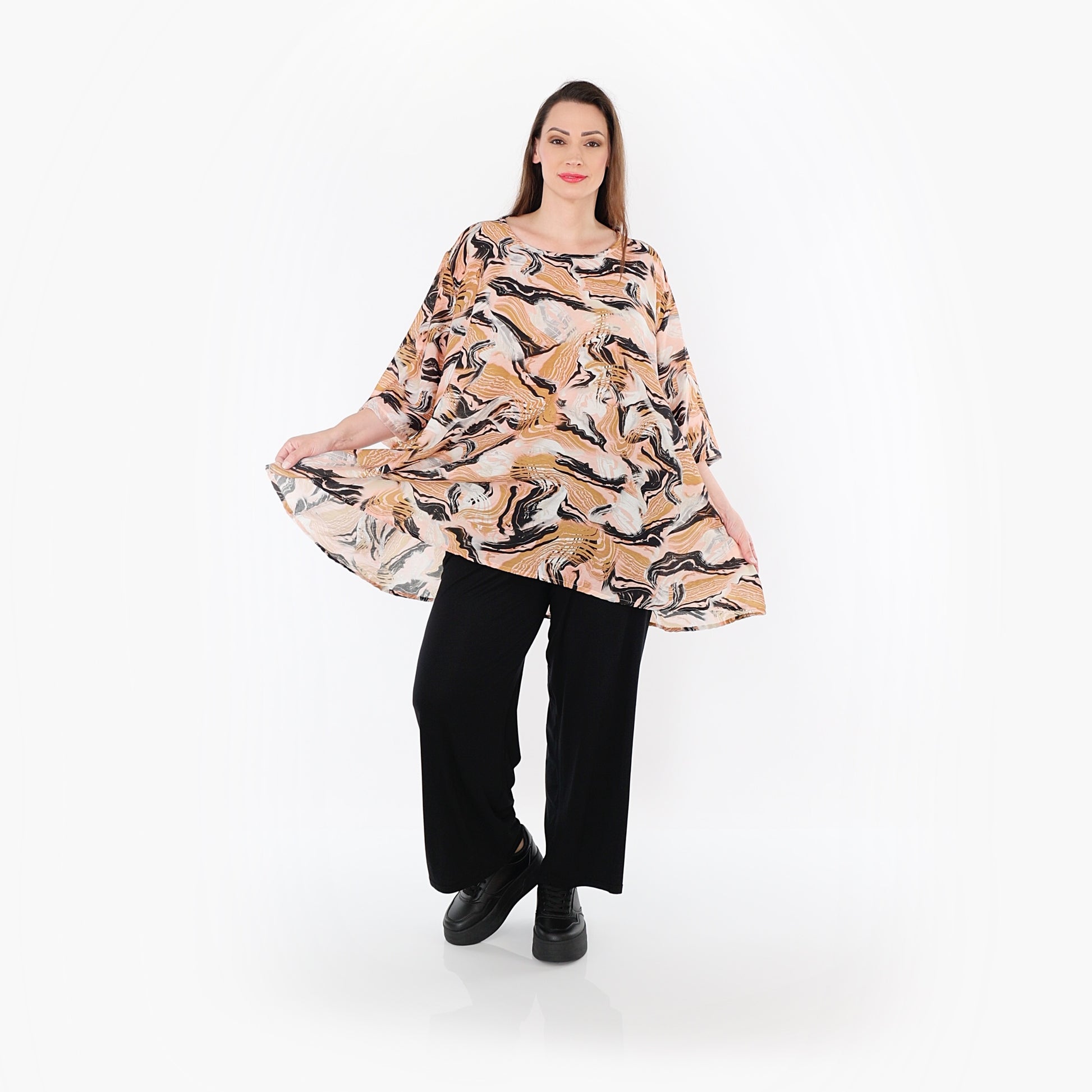  A-Form Bigshirt von AKH Fashion aus Rayon, 1510.00593, Cognac/Rosa/Schwarz, Wellen, Schick
