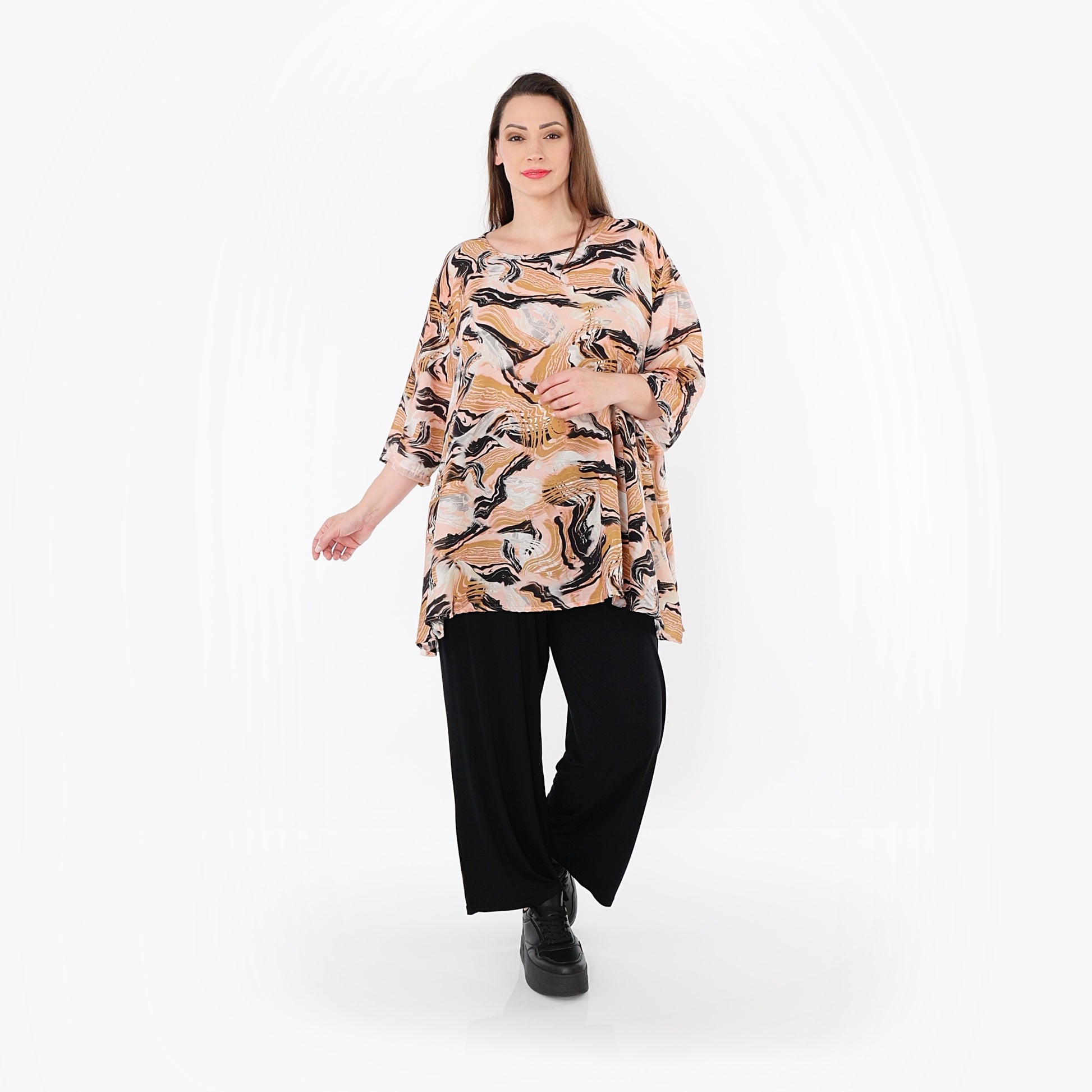  A-Form Bigshirt von AKH Fashion aus Rayon, 1510.00593, Cognac/Rosa/Schwarz, Wellen, Schick