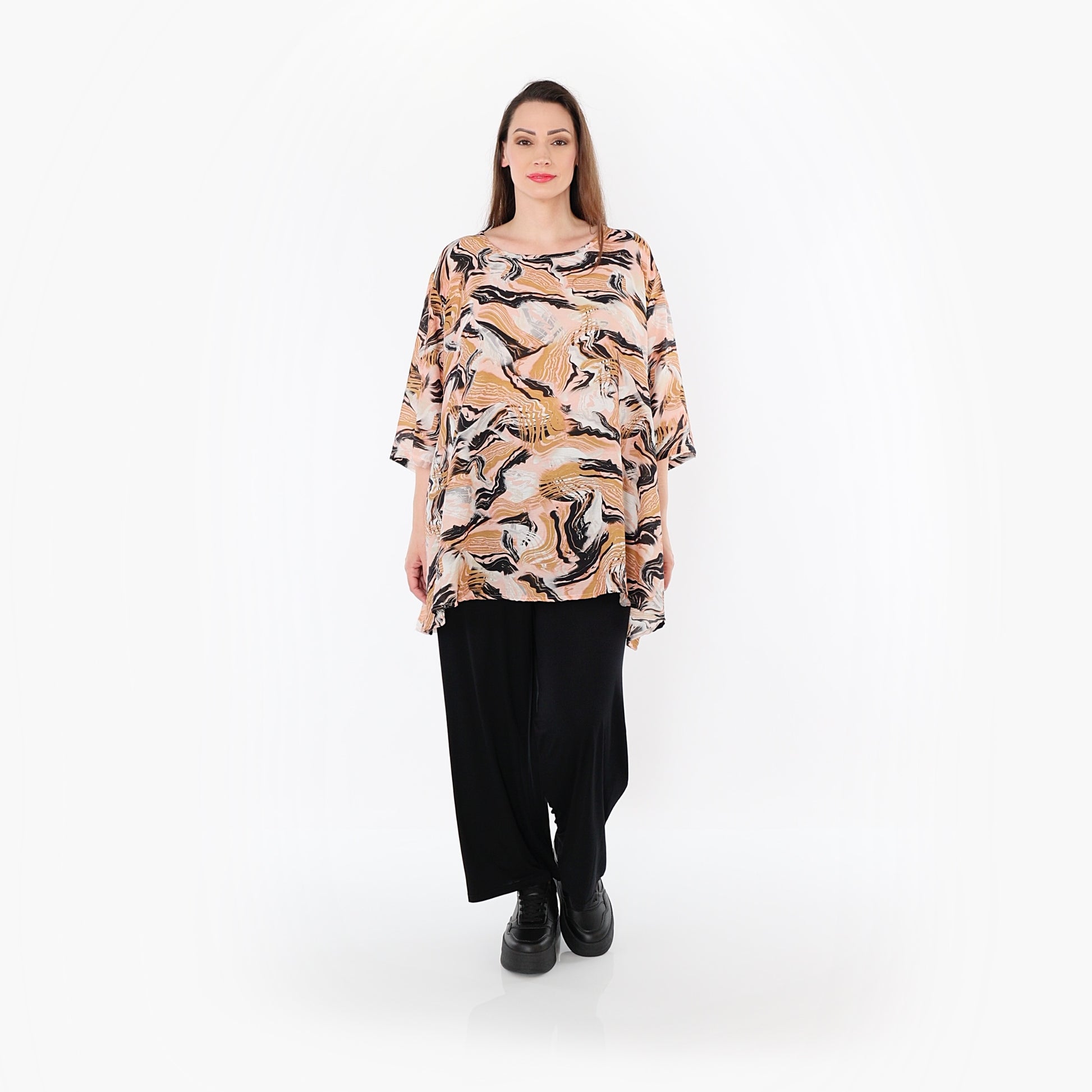  A-Form Bigshirt von AKH Fashion aus Rayon, 1510.00593, Cognac/Rosa/Schwarz, Wellen, Schick