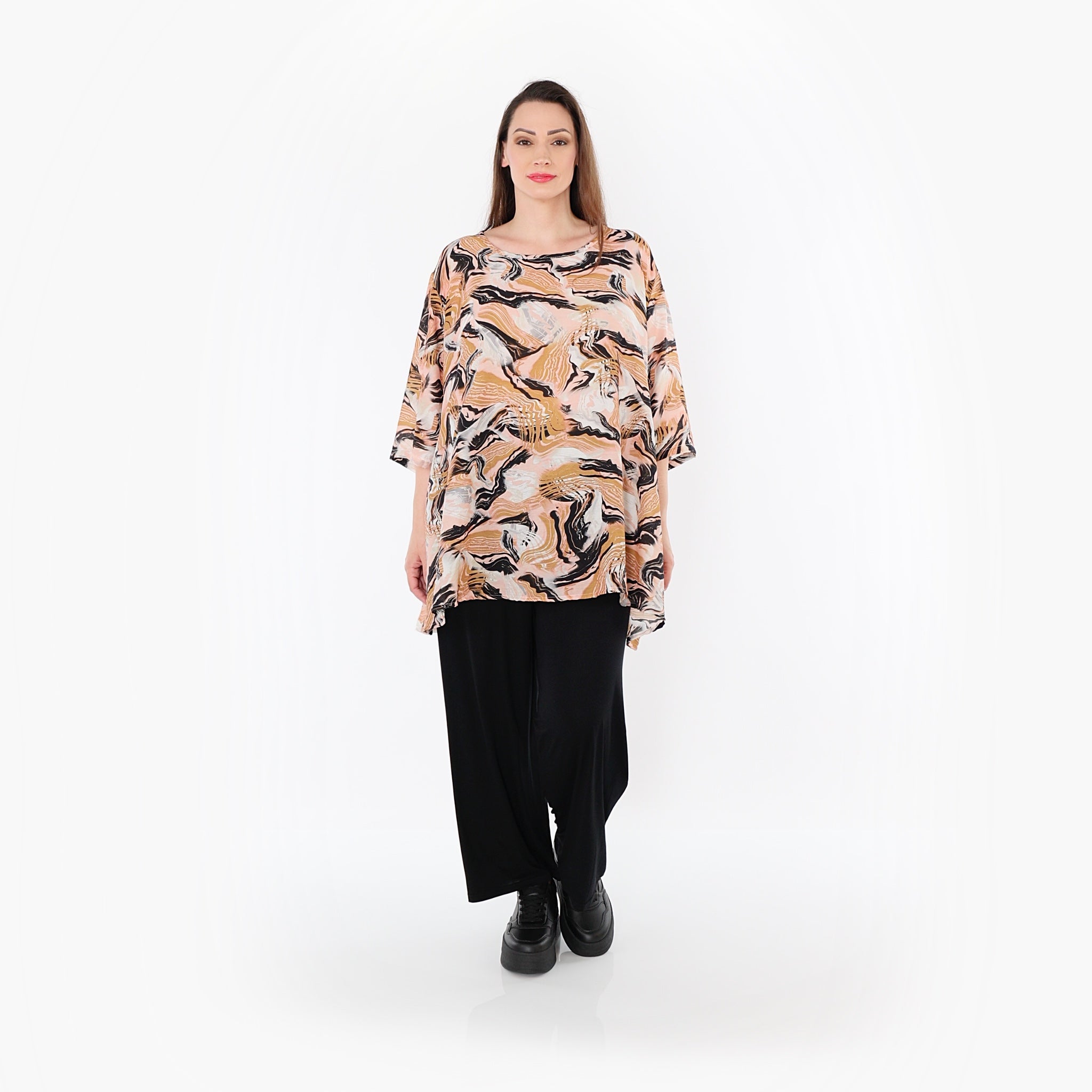  A-Form Bigshirt von AKH Fashion aus Rayon, 1510.00593, Cognac/Rosa/Schwarz, Wellen, Schick