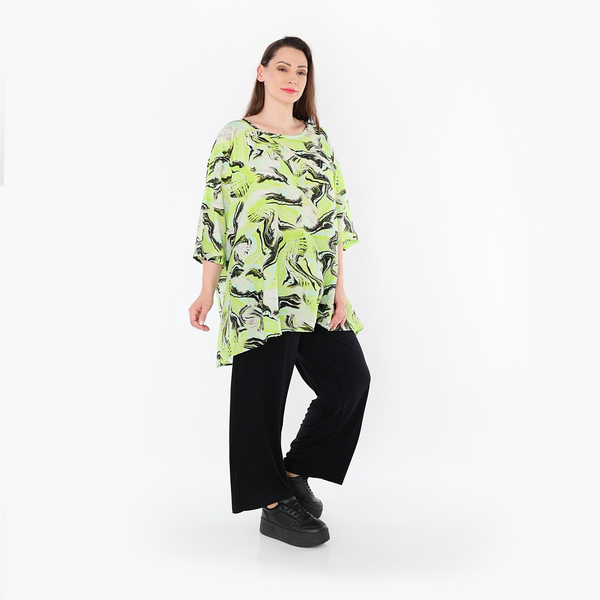  A-Form Bigshirt von AKH Fashion aus Rayon, 1510.00593, Grün/Türkis/Schwarz, Wellen, Schick