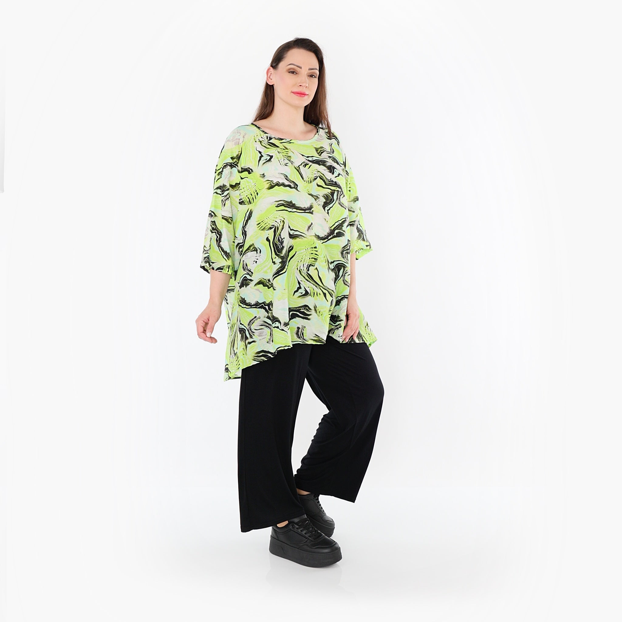  A-Form Bigshirt von AKH Fashion aus Rayon, 1510.00593, Grün/Türkis/Schwarz, Wellen, Schick