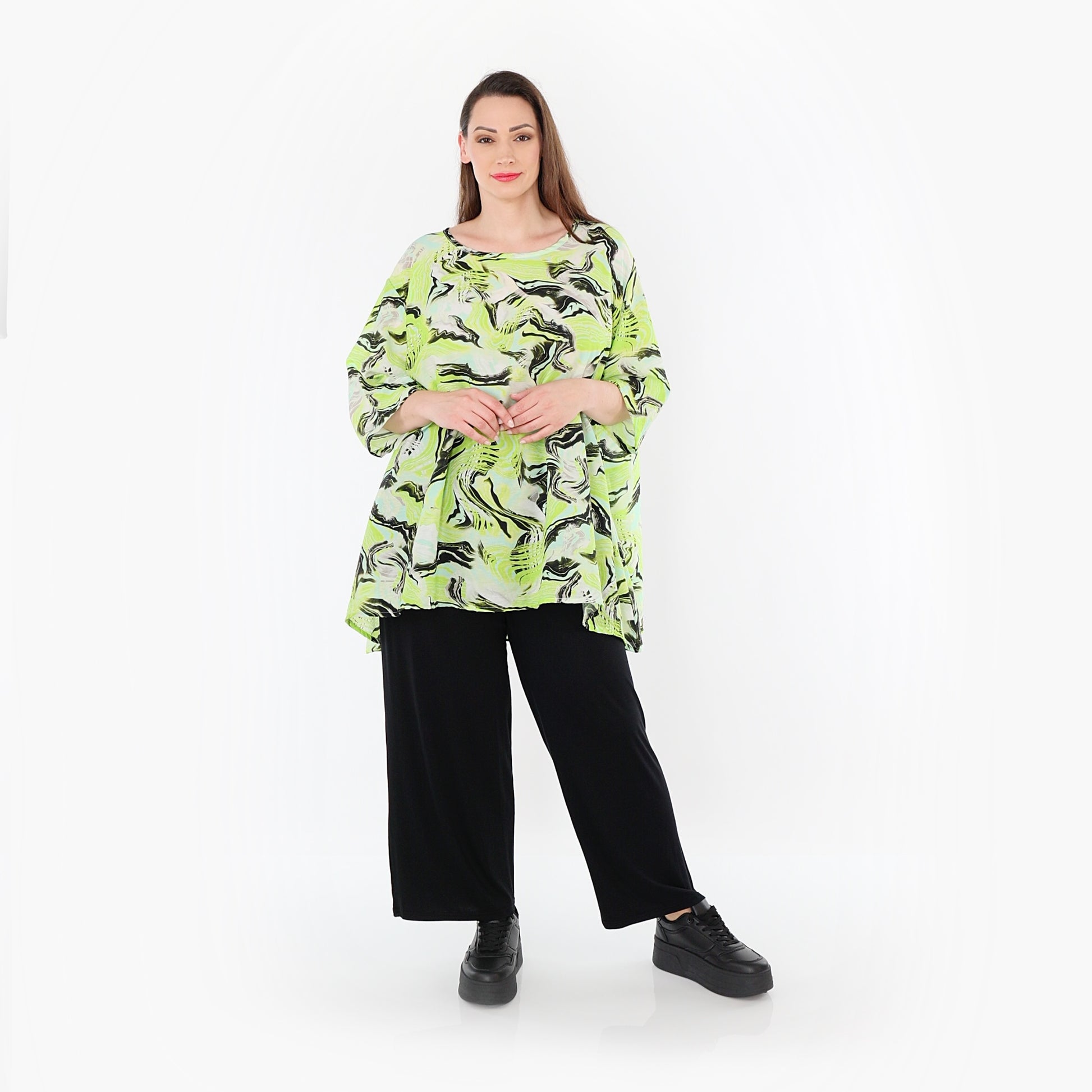  A-Form Bigshirt von AKH Fashion aus Rayon, 1510.00593, Grün/Türkis/Schwarz, Wellen, Schick