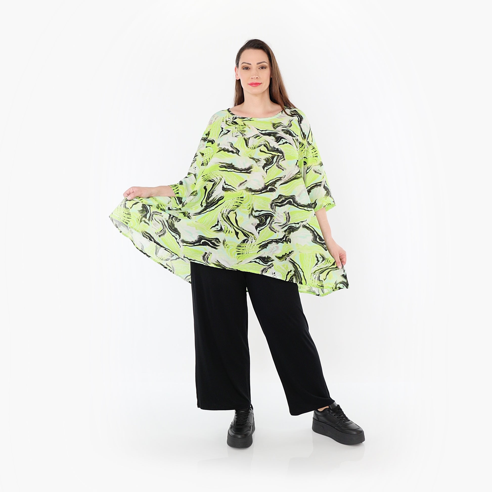  A-Form Bigshirt von AKH Fashion aus Rayon, 1510.00593, Grün/Türkis/Schwarz, Wellen, Schick