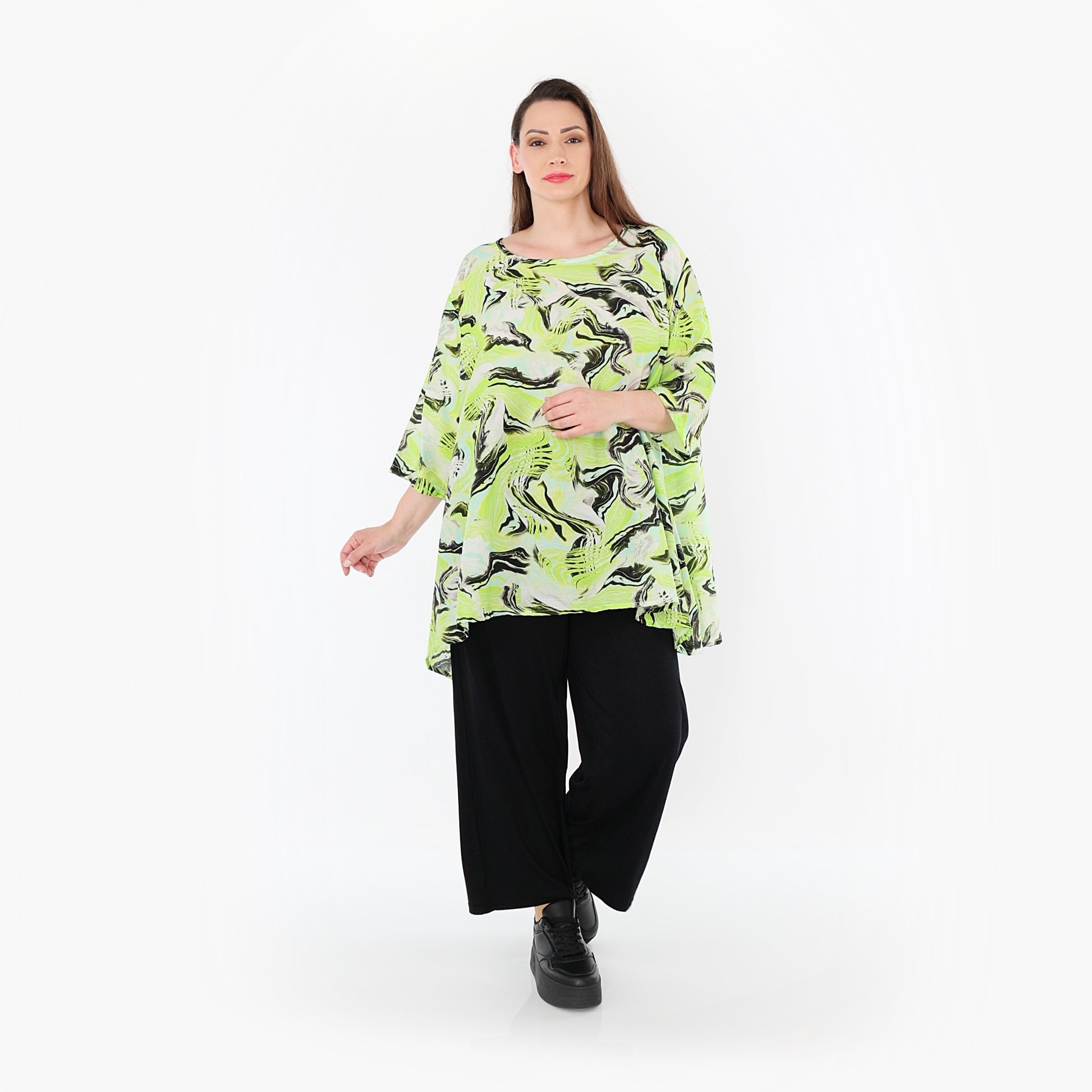  A-Form Bigshirt von AKH Fashion aus Rayon, 1510.00593, Grün/Türkis/Schwarz, Wellen, Schick