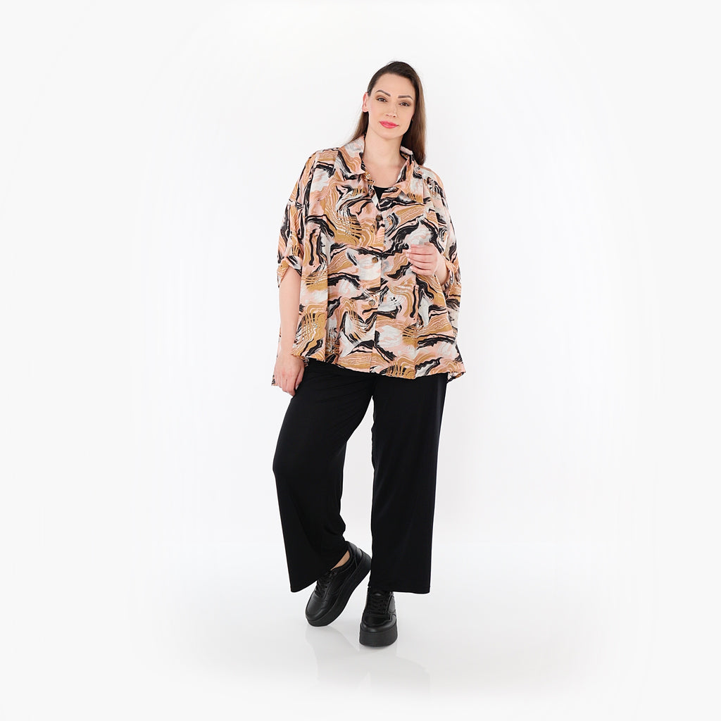  AKH Fashion Bluse in gerundeter Form, aus Rayon, 1510.07092, Cognac/Rosa/Schwarz, Wellen