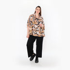  AKH Fashion Bluse in gerundeter Form, aus Rayon, 1510.07092, Cognac/Rosa/Schwarz, Wellen