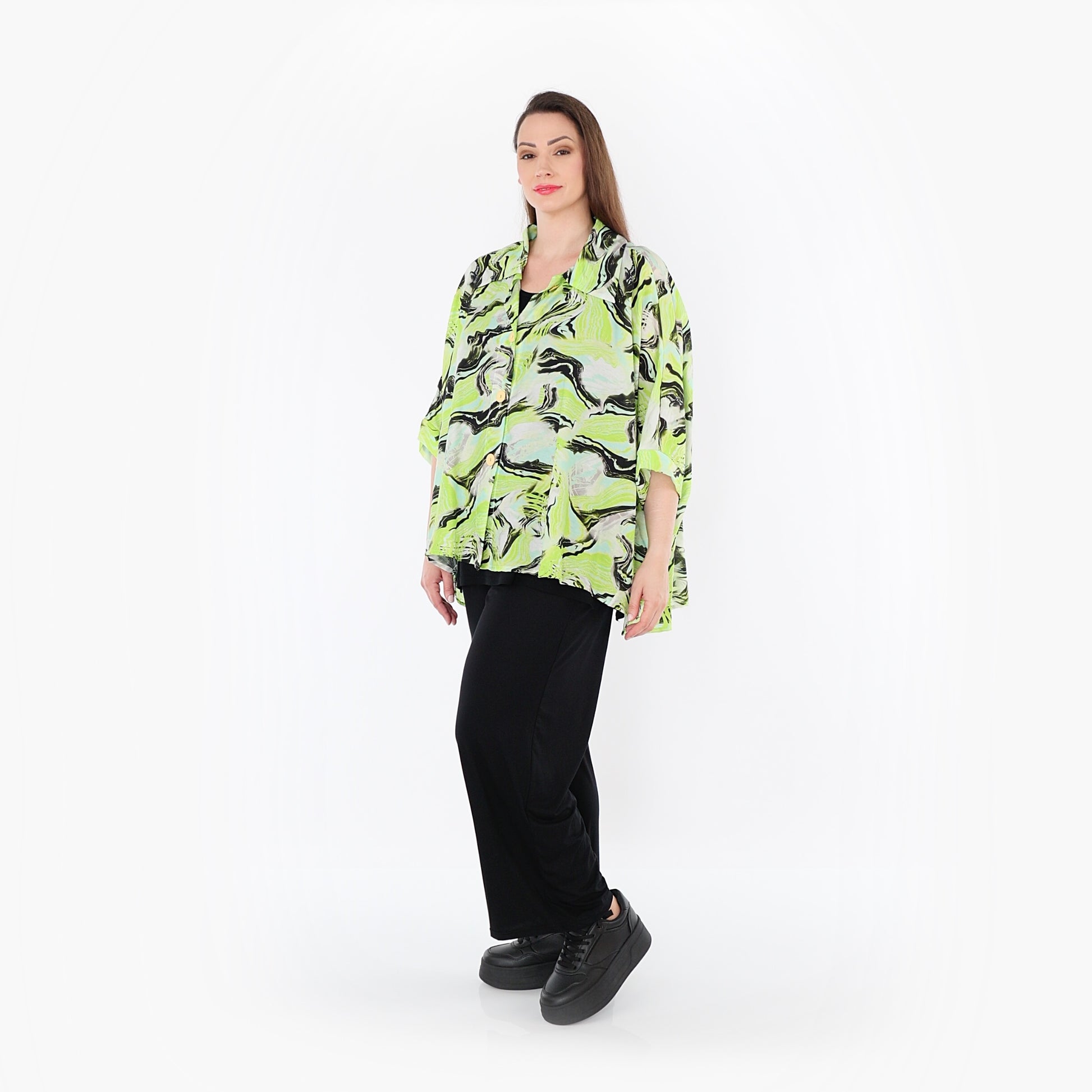  AKH Fashion Bluse in gerundeter Form, aus Rayon, 1510.07092, Grün/Türkis/Schwarz, Wellen