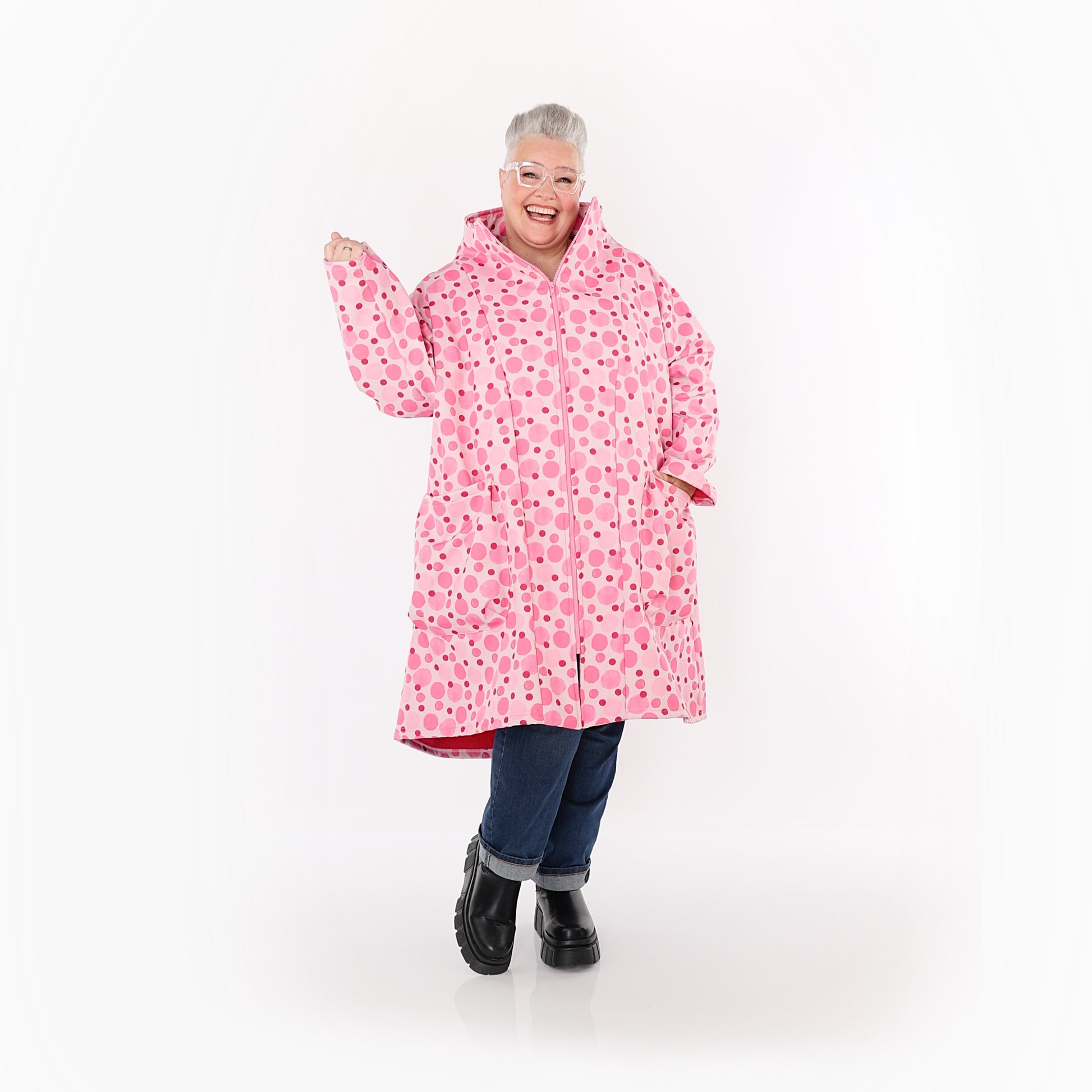  AKH Fashion Mantel in Vokuhila-Form, aus Polyester, 1515.02276, Pink/Multi, Punkte, Schick