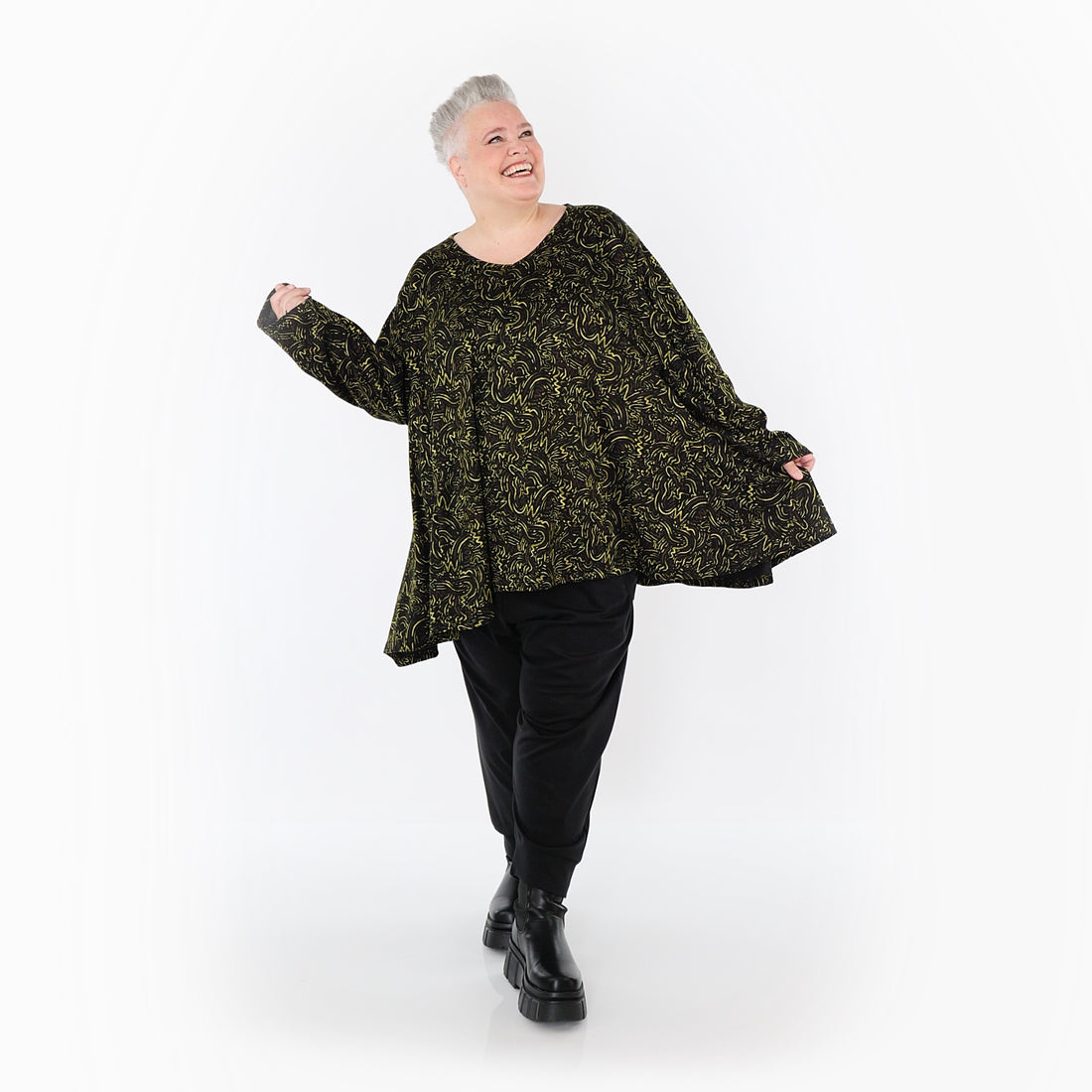  A-Form Bigshirt von AKH Fashion aus Materialmix, 1516.00593, Schwarz/Neongrün/Cognac, Schick