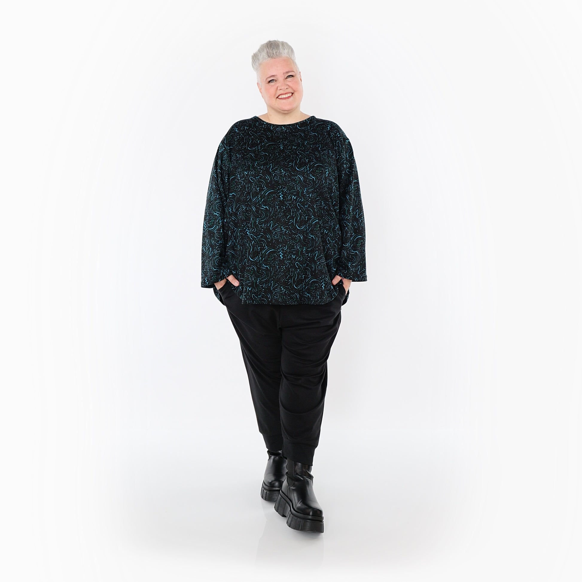 AKH Fashion Bigshirt in gerundeter Form, aus Materialmix, 1516.06815, Petrol