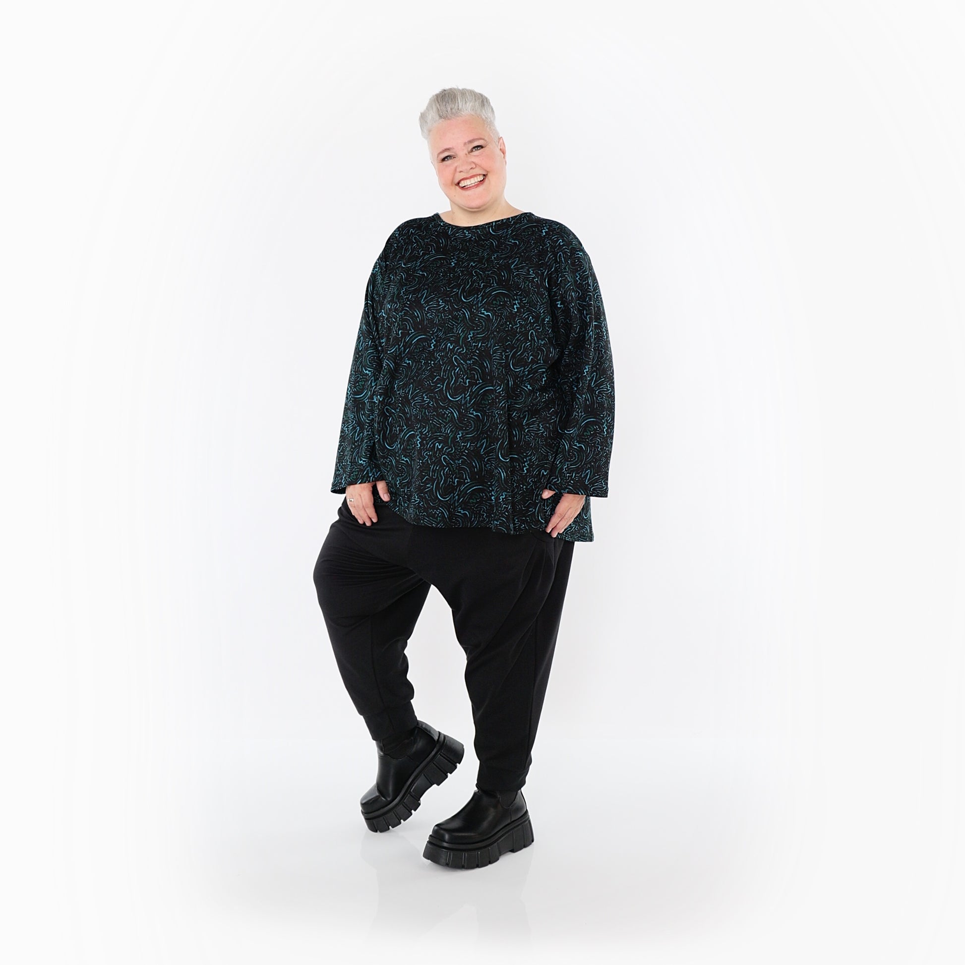  AKH Fashion Bigshirt in gerundeter Form, aus Materialmix, 1516.06815, Petrol