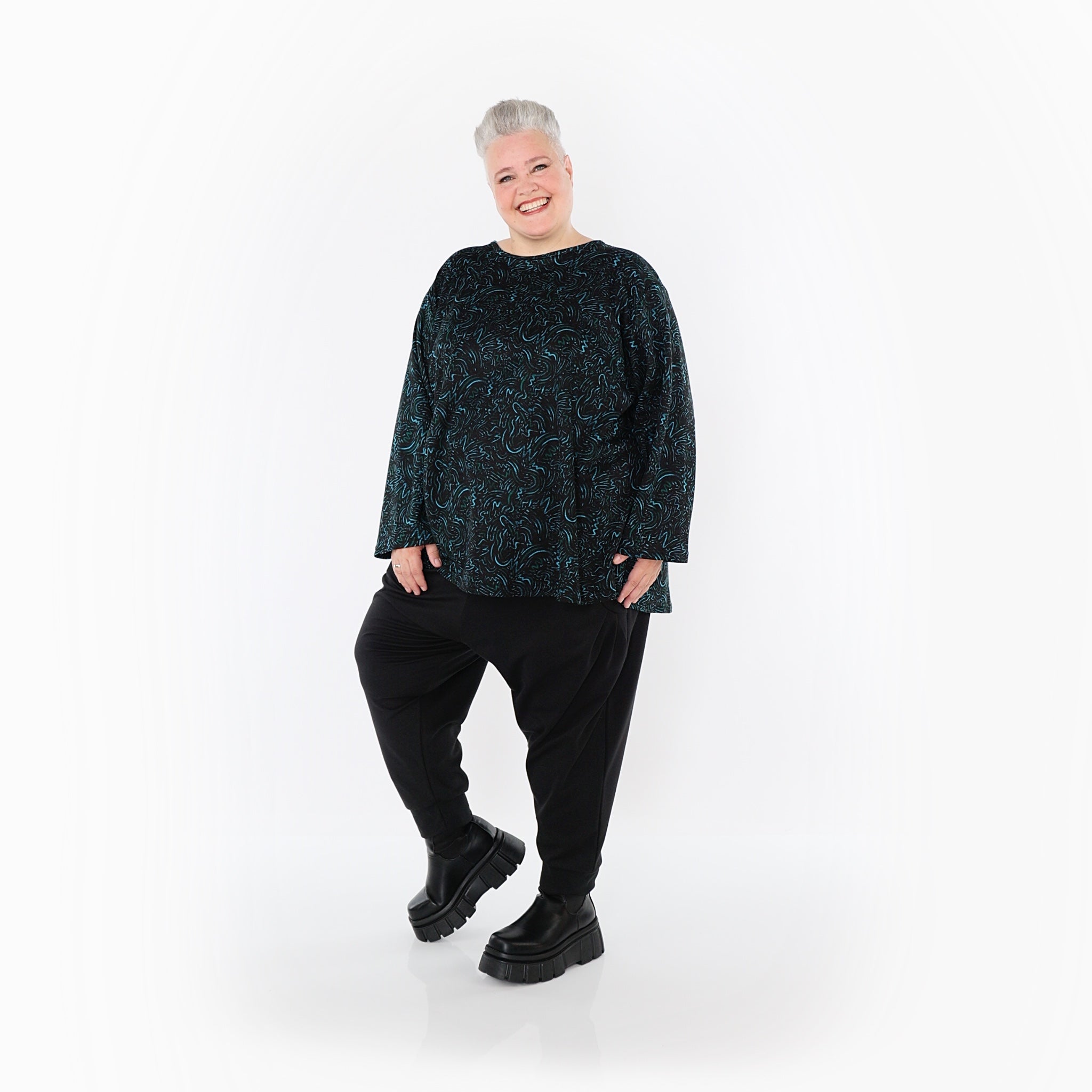  AKH Fashion Bigshirt in gerundeter Form, aus Materialmix, 1516.06815, Petrol