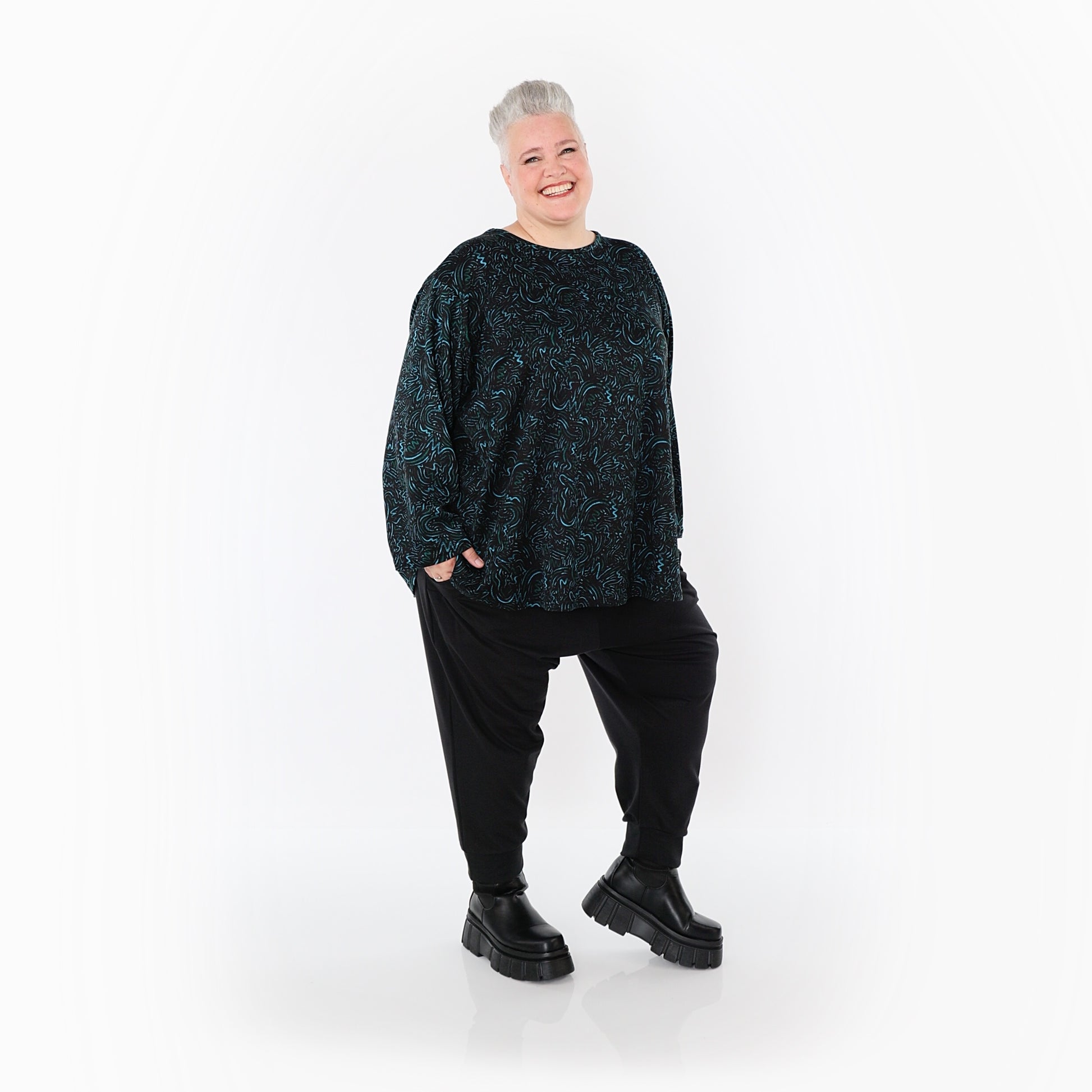  AKH Fashion Bigshirt in gerundeter Form, aus Materialmix, 1516.06815, Petrol