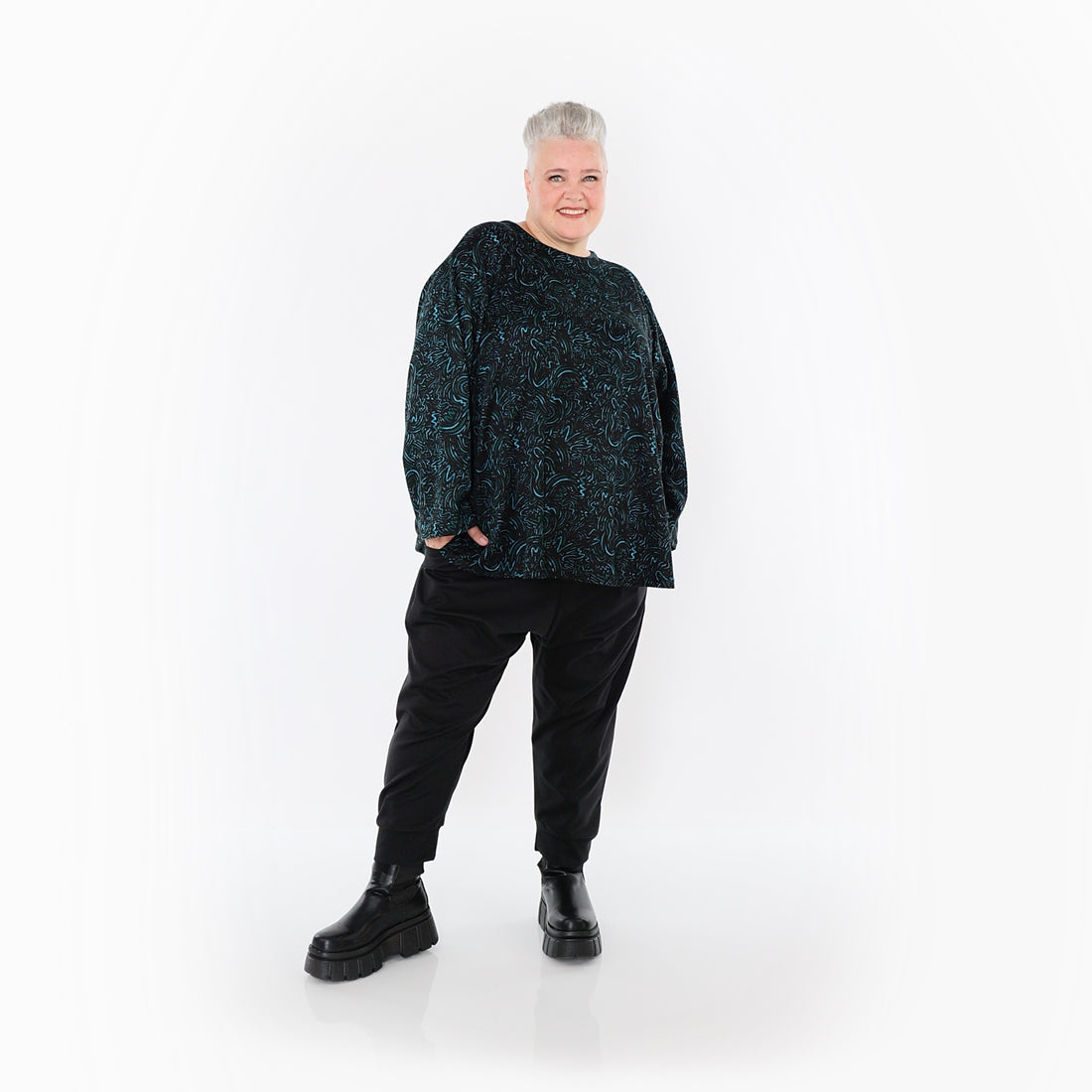  AKH Fashion Bigshirt in gerundeter Form, aus Materialmix, 1516.06815, Petrol
