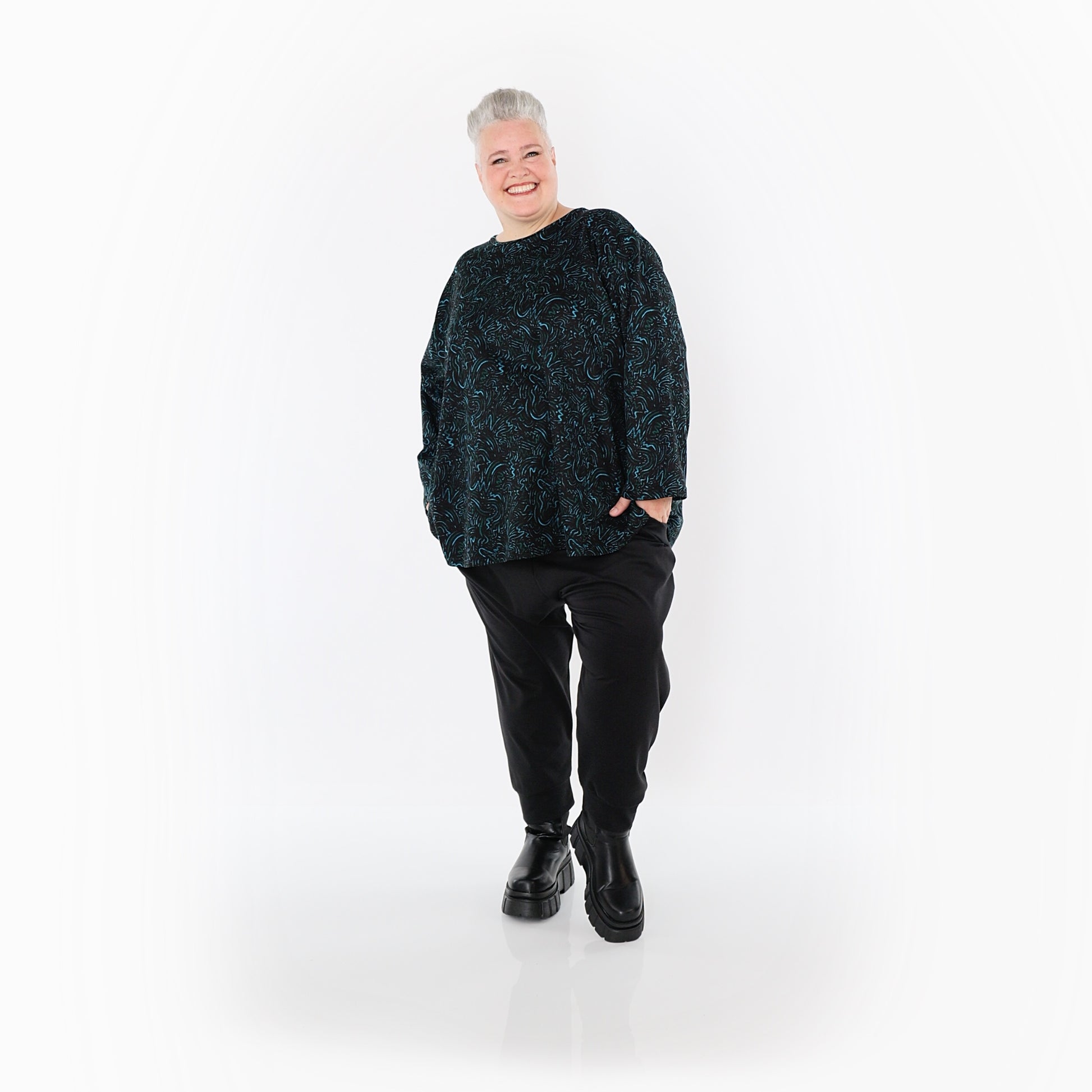  AKH Fashion Bigshirt in gerundeter Form, aus Materialmix, 1516.06815, Petrol
