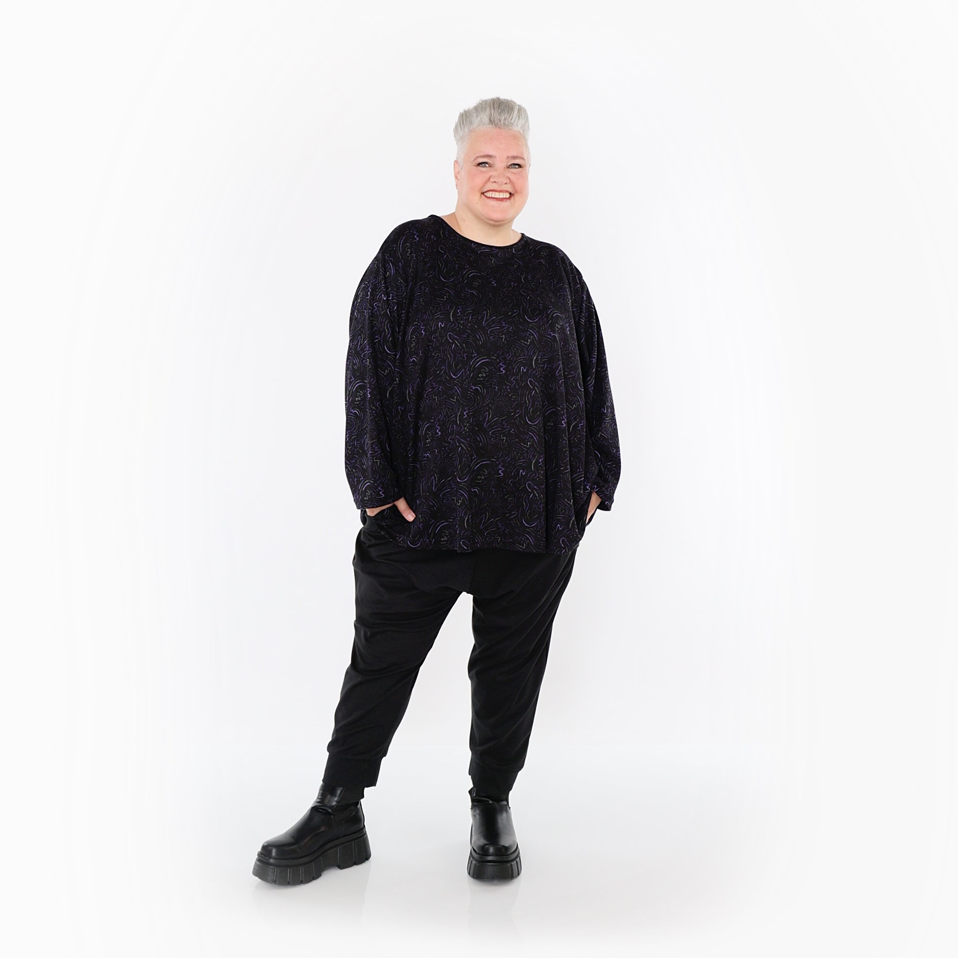  AKH Fashion Bigshirt in gerundeter Form, aus Materialmix, 1516.06815, Violett