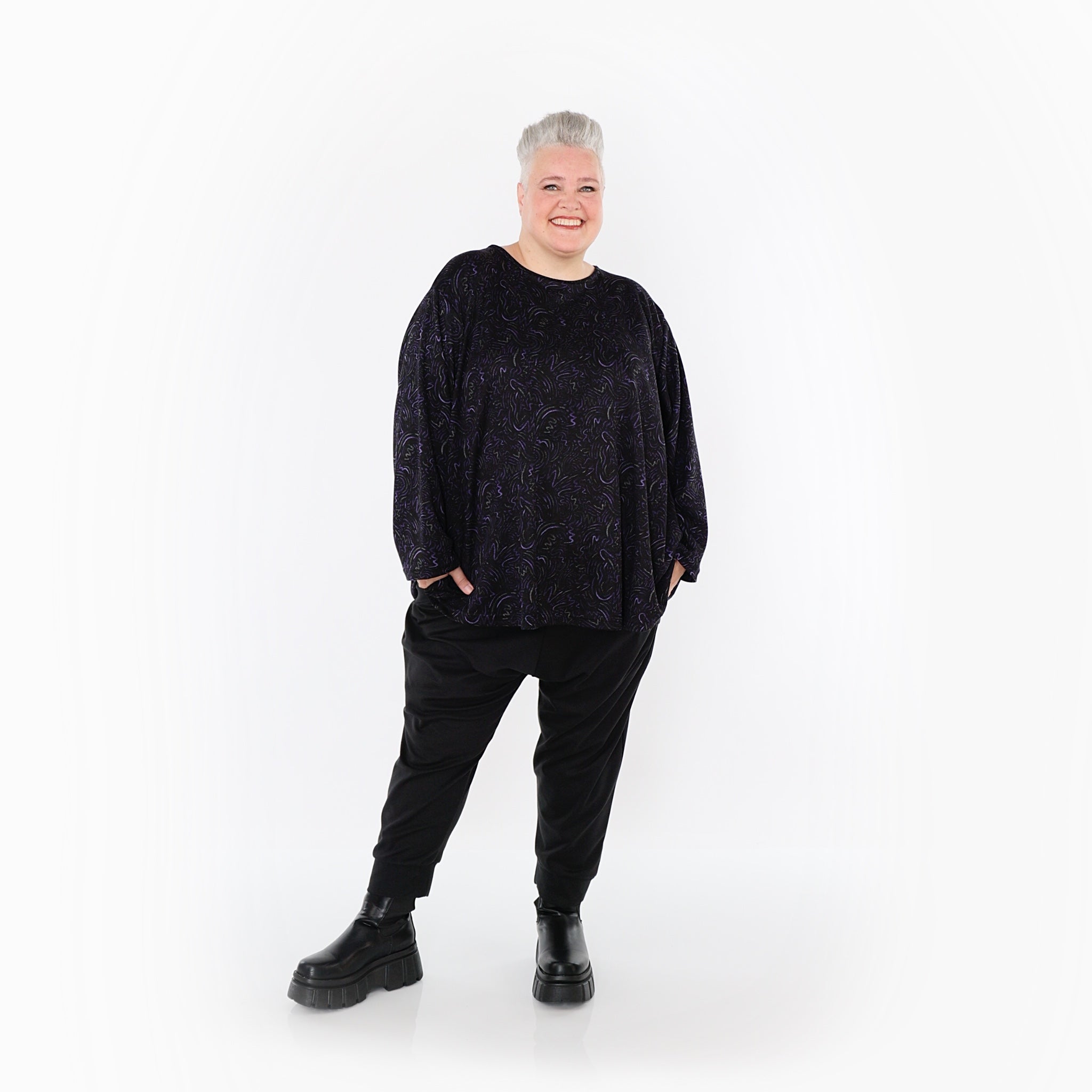  AKH Fashion Bigshirt in gerundeter Form, aus Materialmix, 1516.06815, Violett