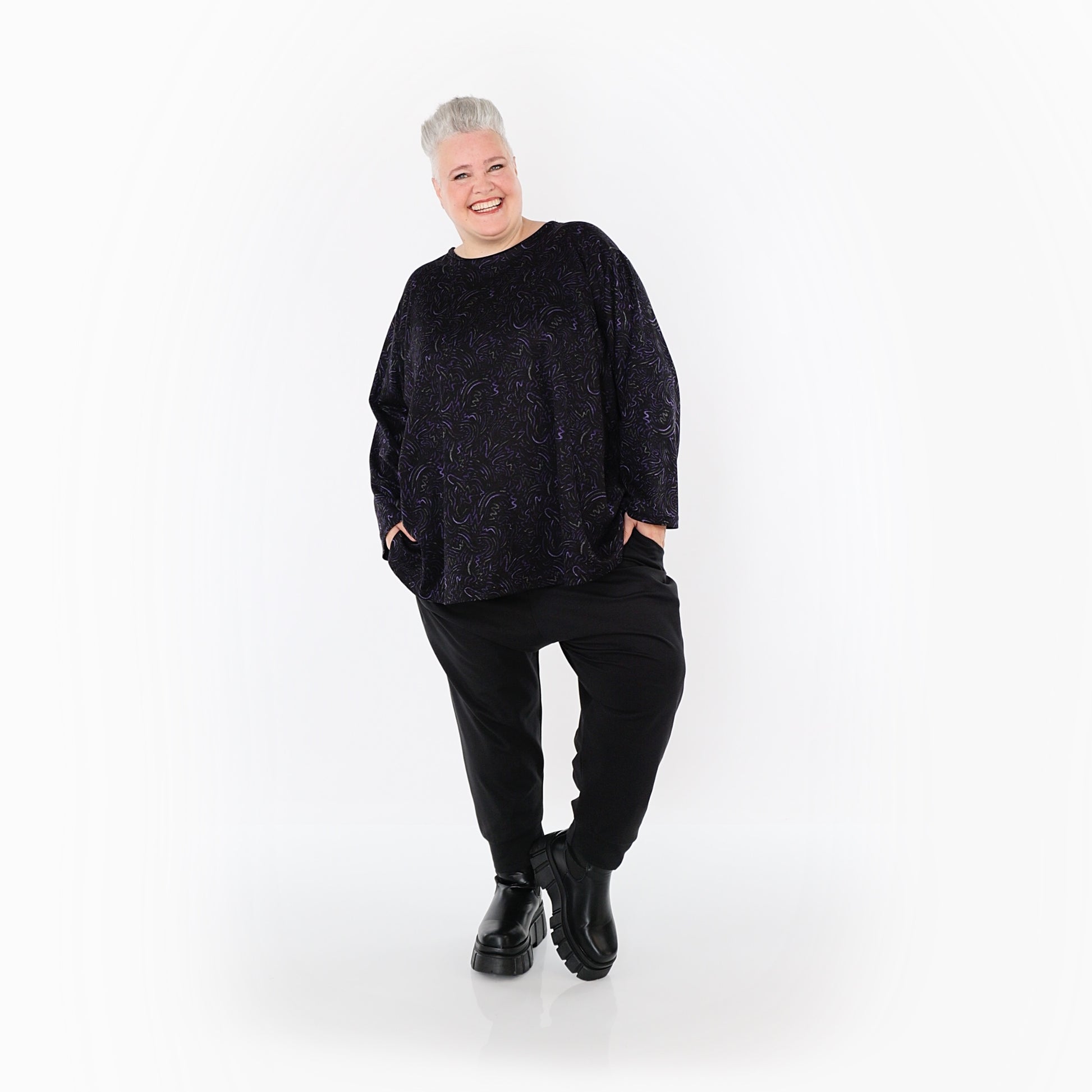  AKH Fashion Bigshirt in gerundeter Form, aus Materialmix, 1516.06815, Violett