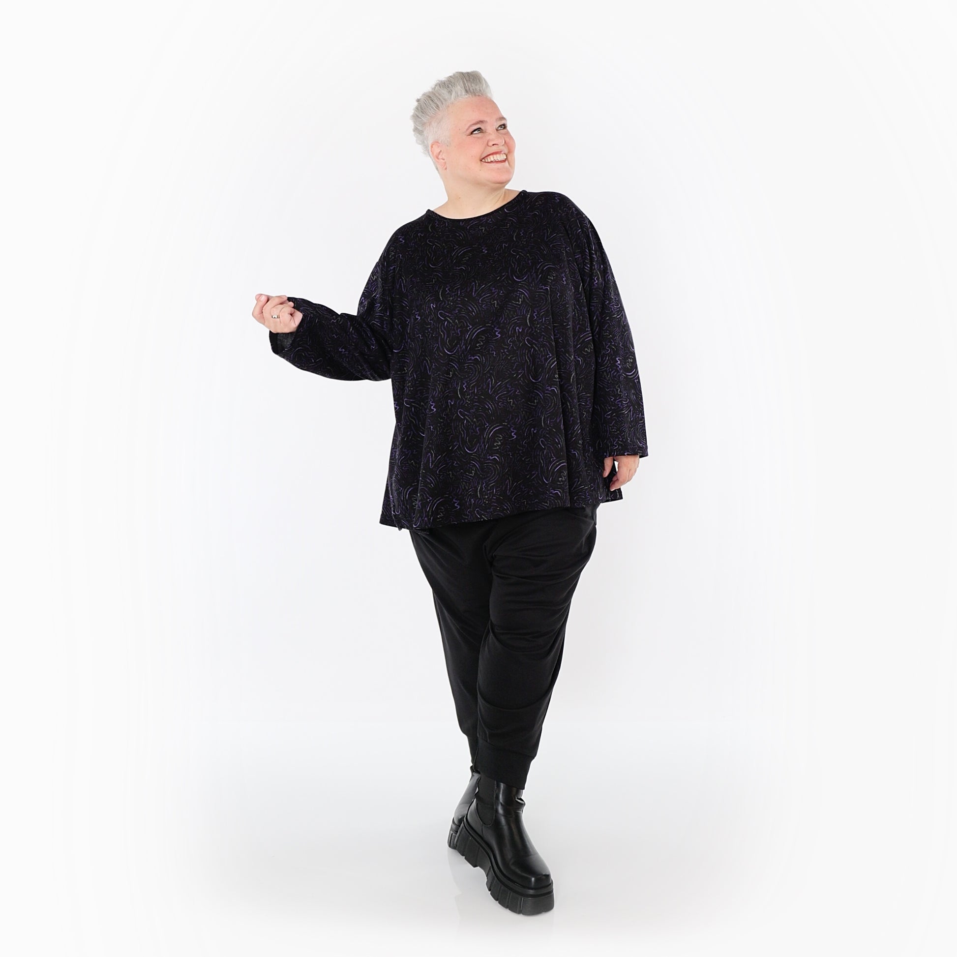  AKH Fashion Bigshirt in gerundeter Form, aus Materialmix, 1516.06815, Violett