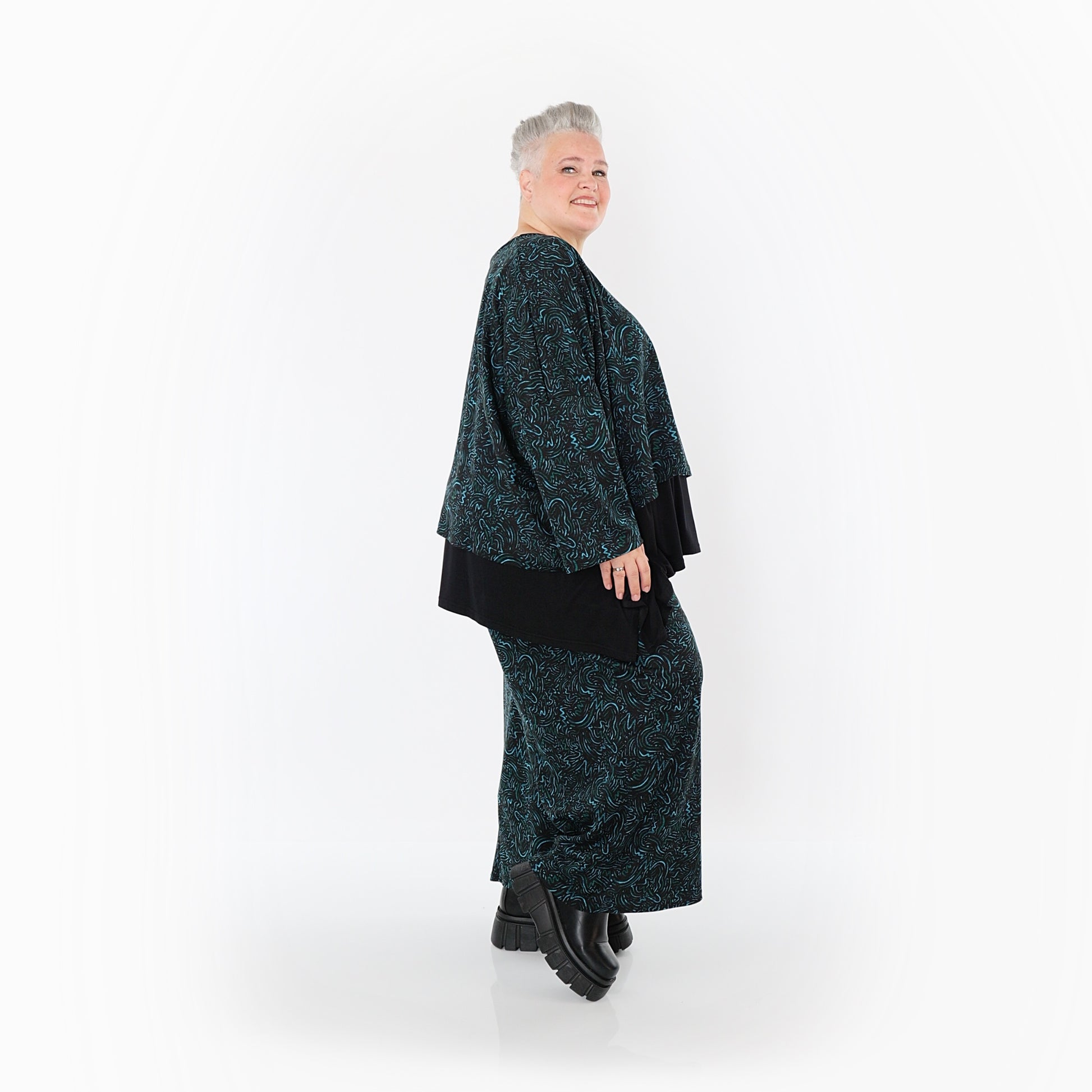  AKH Fashion Überwurf in kastiger Form, aus Materialmix, 1516.06048, Schwarz/Petrol/Grün
