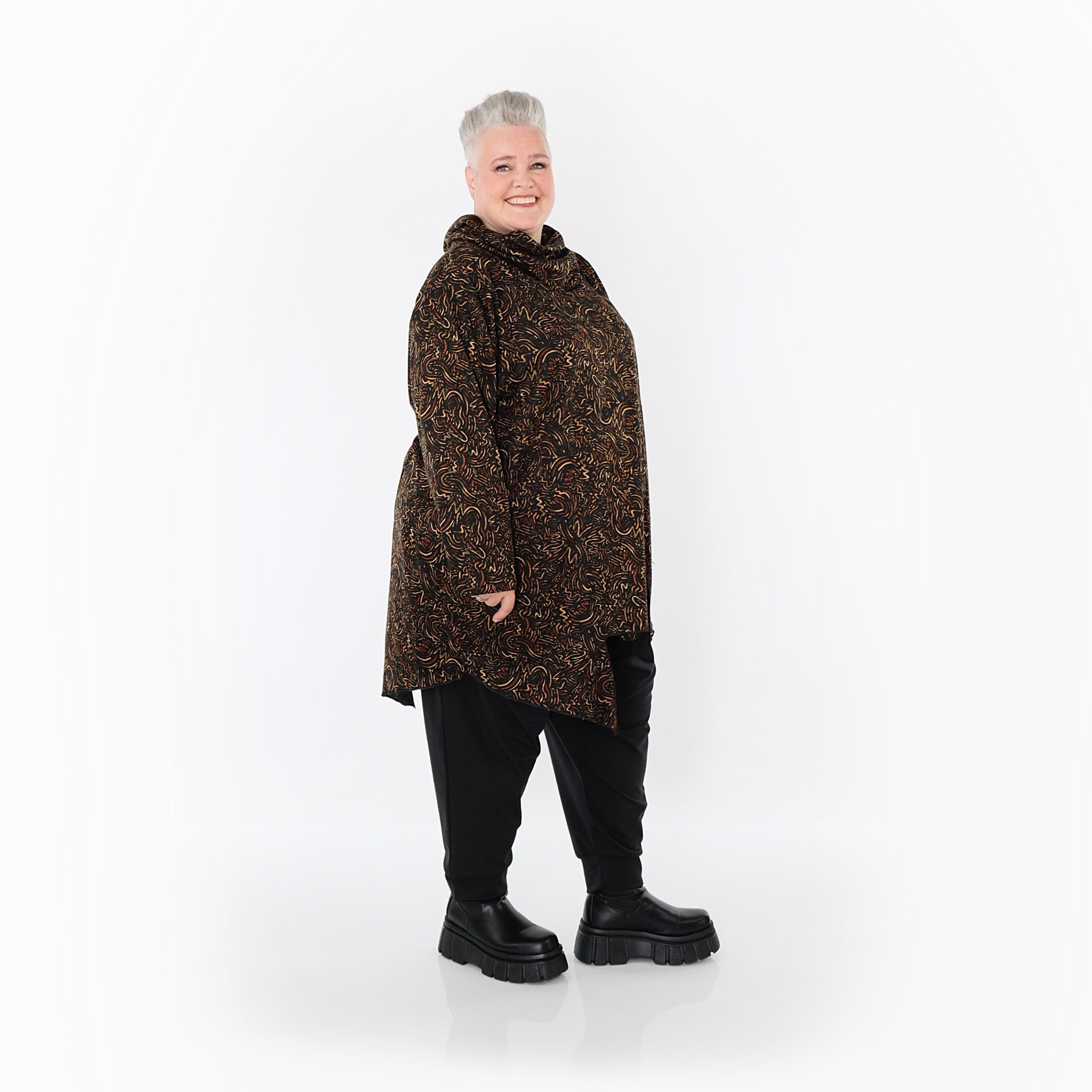 AKH Fashion Bigshirt in asymmetrischer Form, aus Materialmix, 1516.06061, Cognac