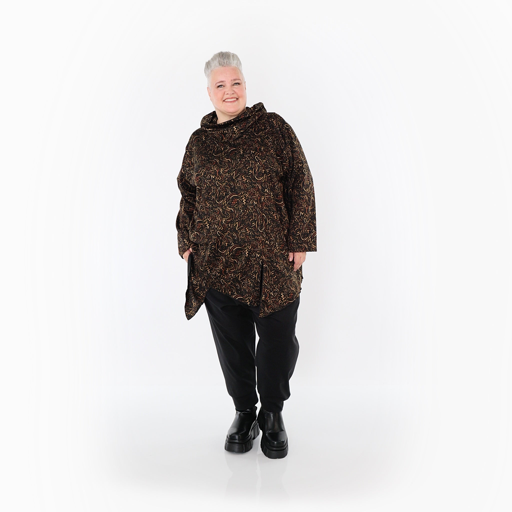 AKH Fashion Bigshirt in asymmetrischer Form, aus Materialmix, 1516.06061, Cognac