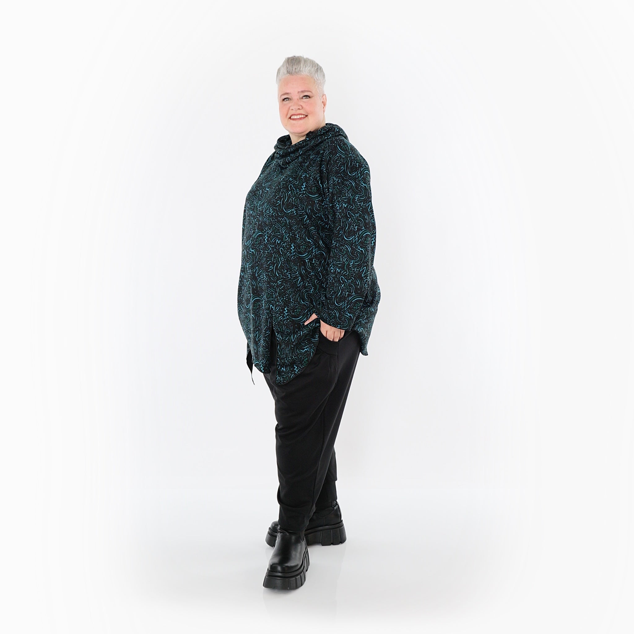 AKH Fashion Bigshirt in asymmetrischer Form, aus Materialmix, 1516.06061, Petrol