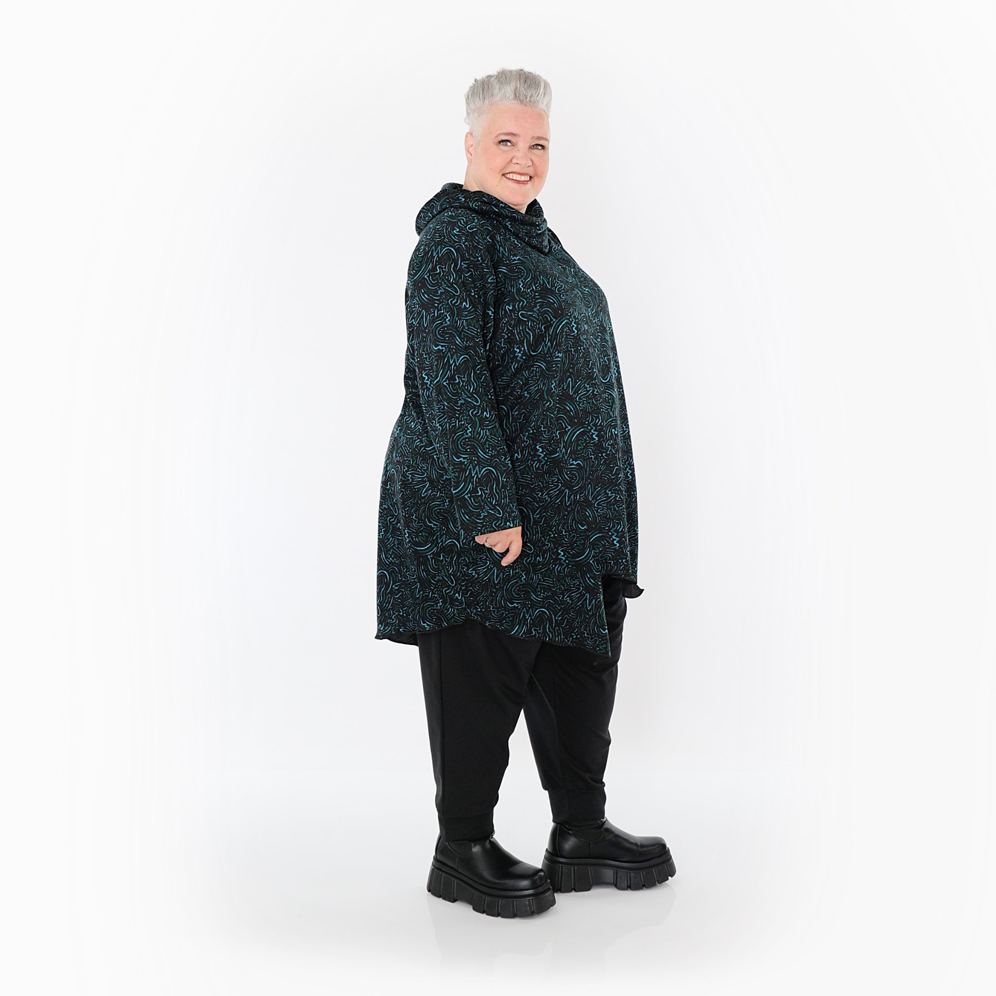 AKH Fashion Bigshirt in asymmetrischer Form, aus Materialmix, 1516.06061, Petrol