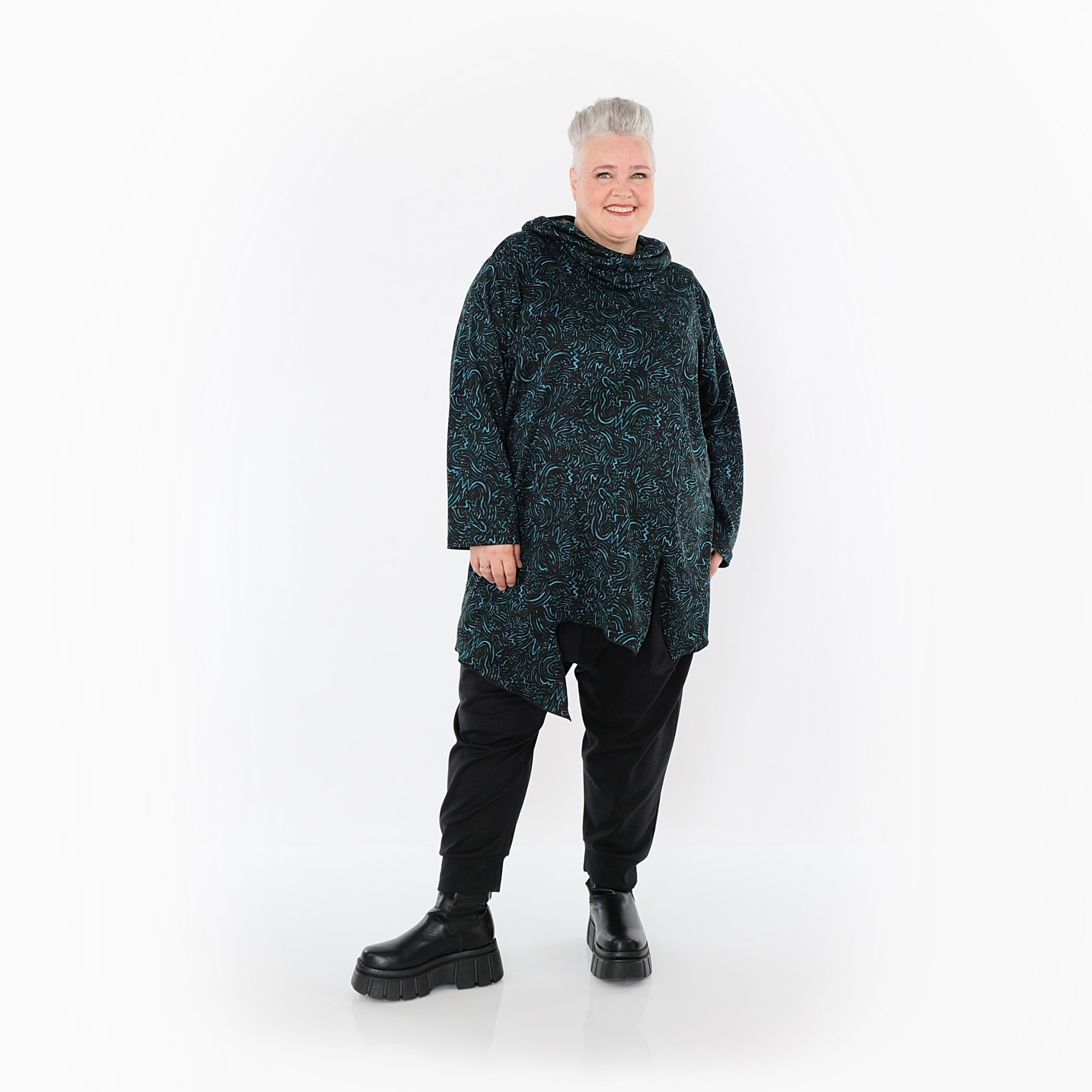 AKH Fashion Bigshirt in asymmetrischer Form, aus Materialmix, 1516.06061, Petrol