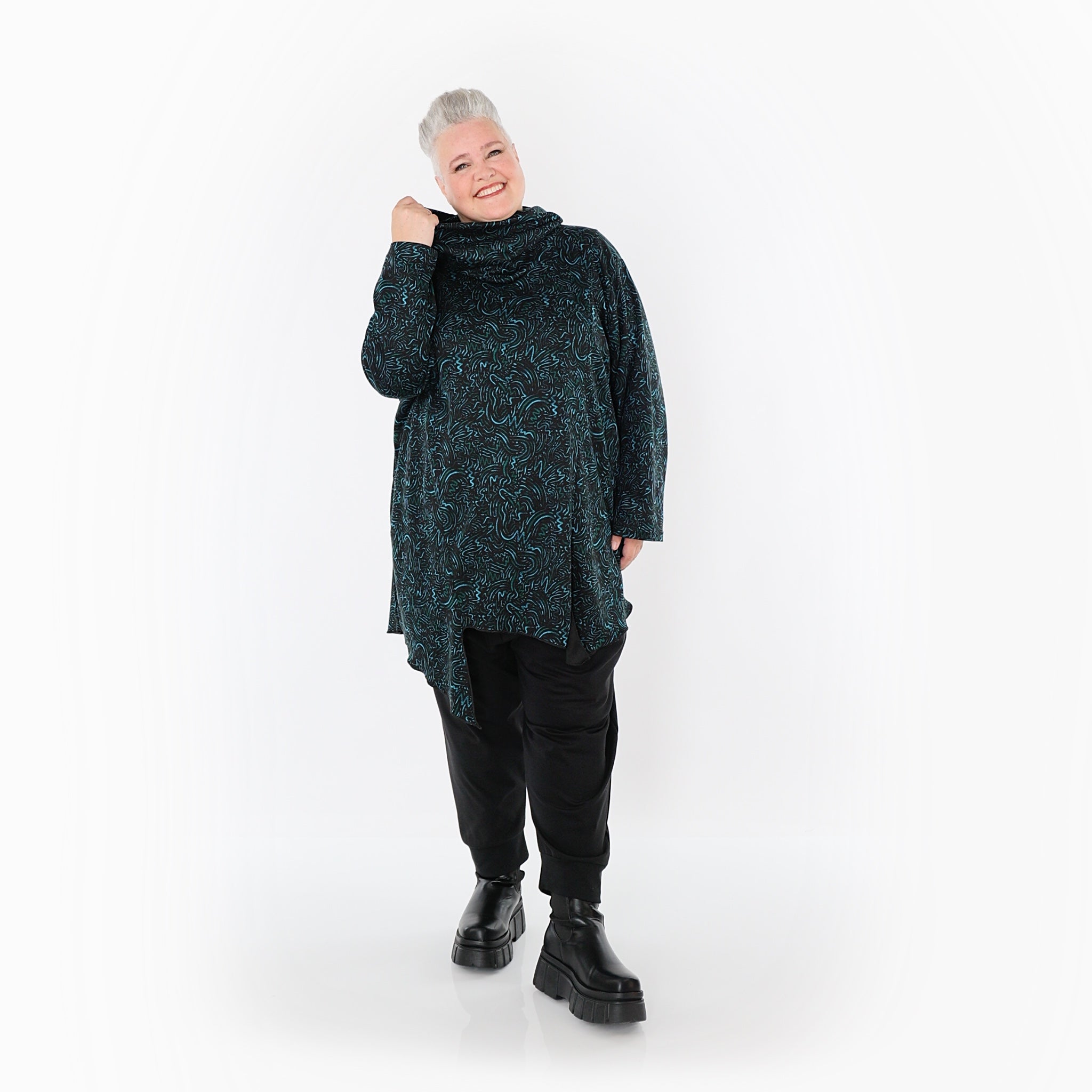 AKH Fashion Bigshirt in asymmetrischer Form, aus Materialmix, 1516.06061, Petrol