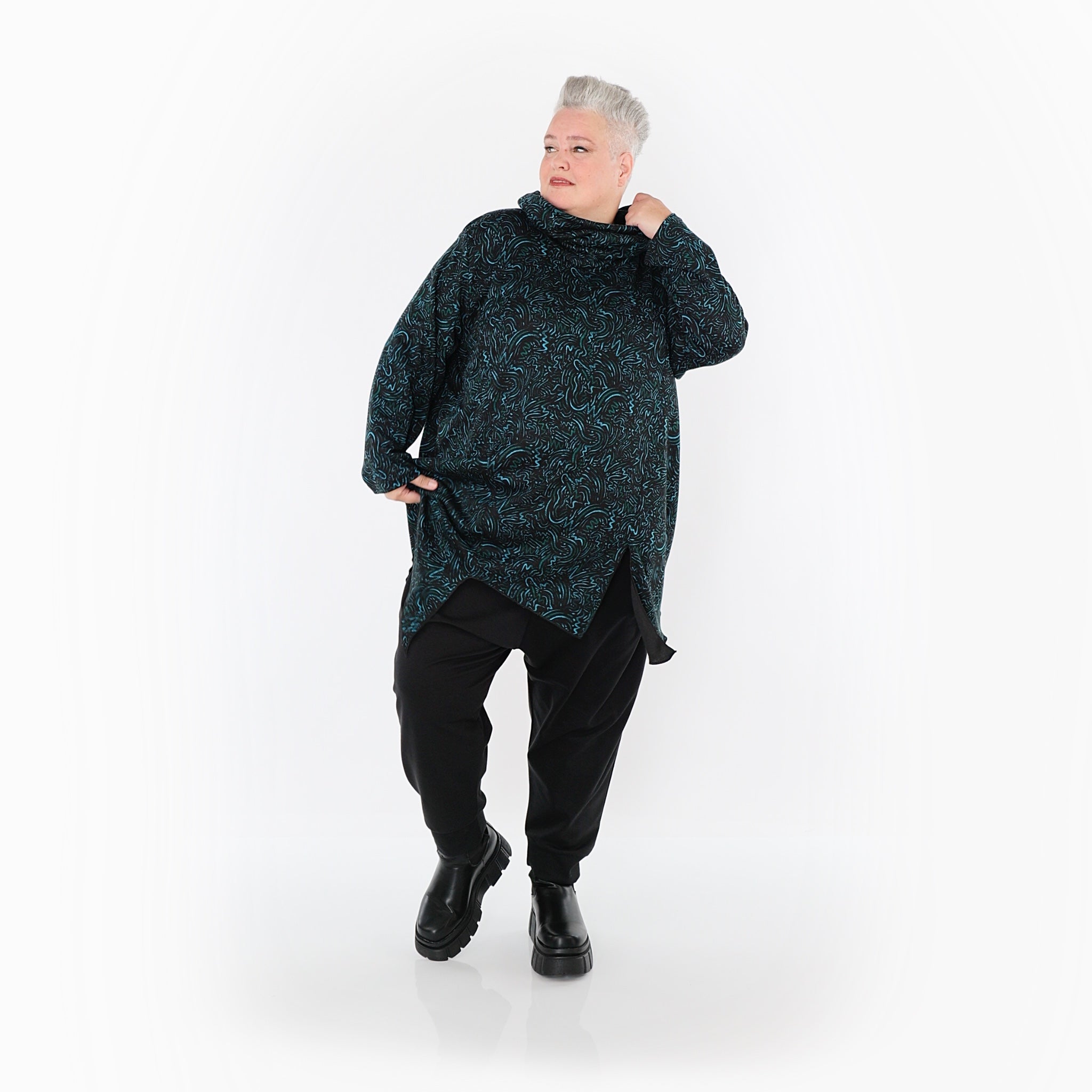 AKH Fashion Bigshirt in asymmetrischer Form, aus Materialmix, 1516.06061, Petrol